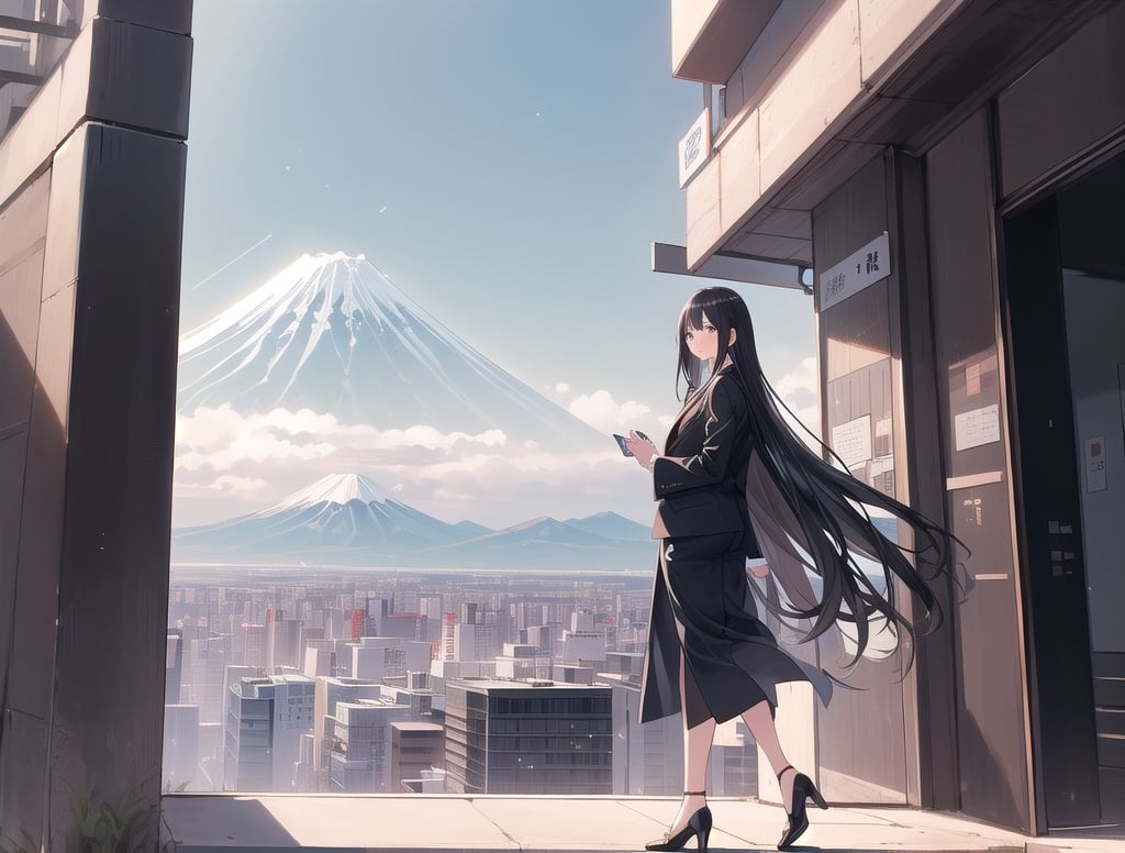 A 20-year-old woman with long black hair.
Wearing a suit that looks like a dress,
A girl is looking at the Tokyo skyline from the balcony.
A city lined with buildings.
Mt. Fuji can be seen faintly through the gap between the buildings.