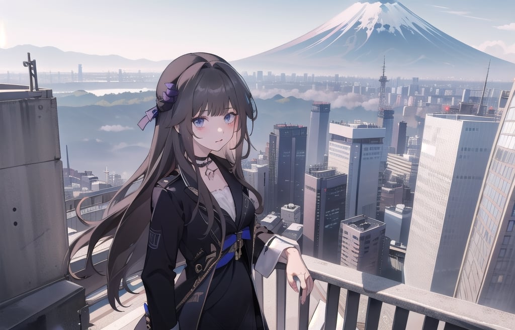 A 20-year-old woman with long black hair.
She wears a suit that resembles a luxurious dress,
A girl is looking at the cityscape of Tokyo from the balcony.
A city lined with buildings.
Mt. Fuji can be seen faintly through the gap between the buildings.