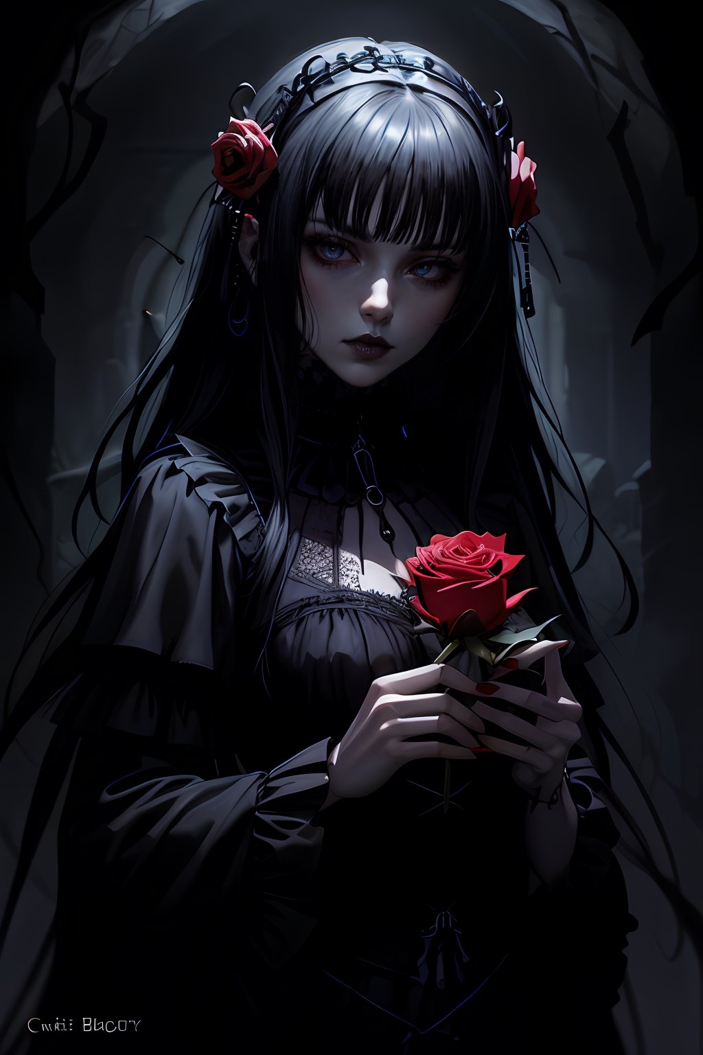 gothic woman with black hair and a rose in her hand, gothic art style, in style of dark fantasy art, gothic art, gothic romance, gothic fantasy art, gothic maiden, dark fantasy style art, gothic girl, gothic, goth woman, style of charlie bowater, dark beauty, gothic fantasy, in style of charlie bowater, gothic maiden of the dark