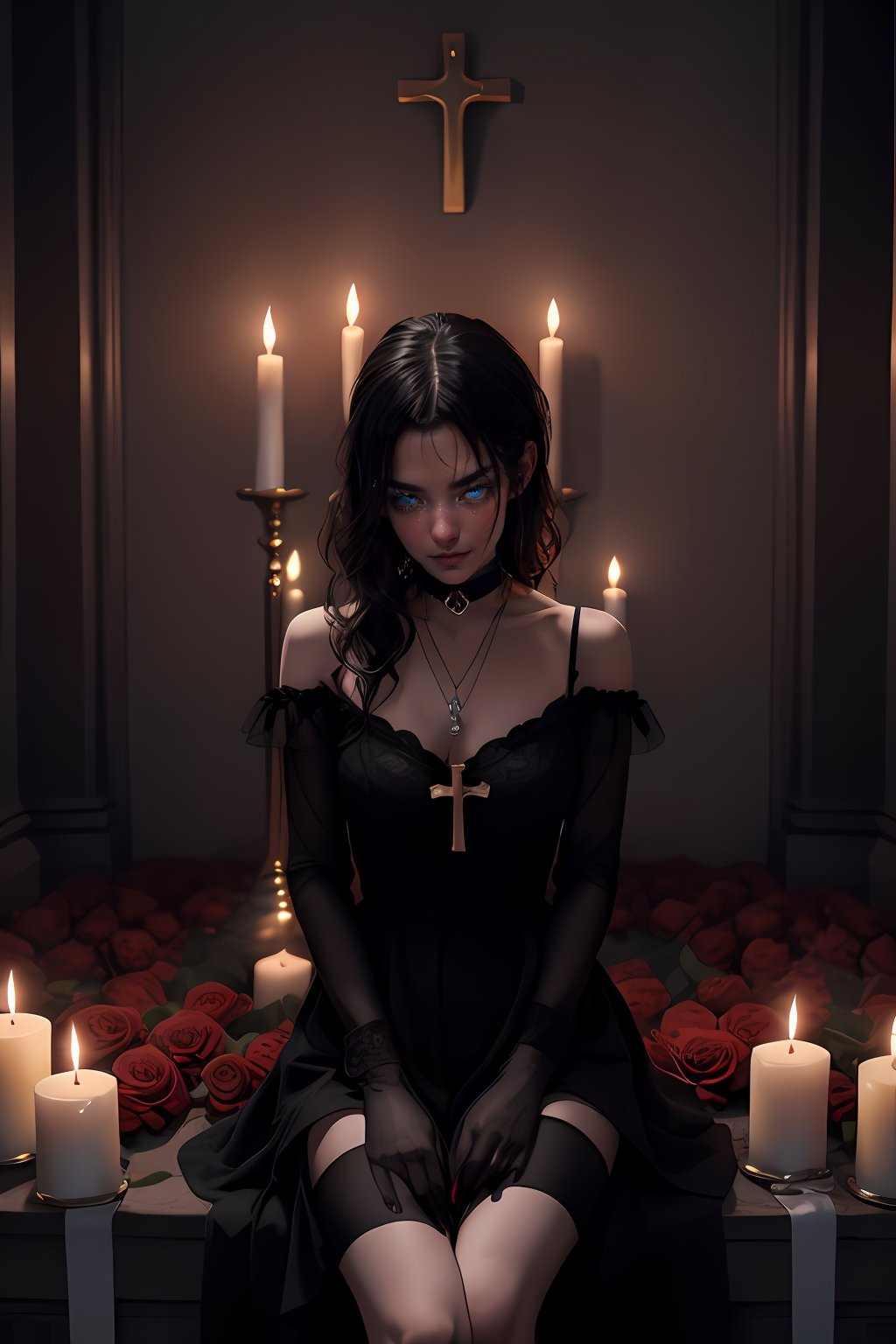 A lonely goth girl surrounded by flames and darkness. She sits in a pentagram made of roses and candles, her eyes closed and her lips parted. She wears a black dress and a choker with a cross pendant. The room is empty and dark, except for the flickering light of the candles