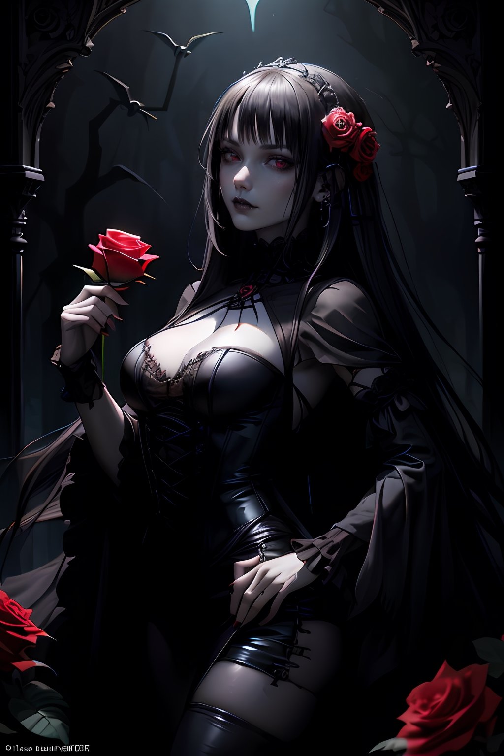 gothic woman with black hair and a rose in her hand, gothic art style, in style of dark fantasy art, gothic art, gothic romance, gothic fantasy art, gothic maiden, dark fantasy style art, gothic girl, gothic, goth woman, style of charlie bowater, dark beauty, gothic fantasy, in style of charlie bowater, gothic maiden of the dark