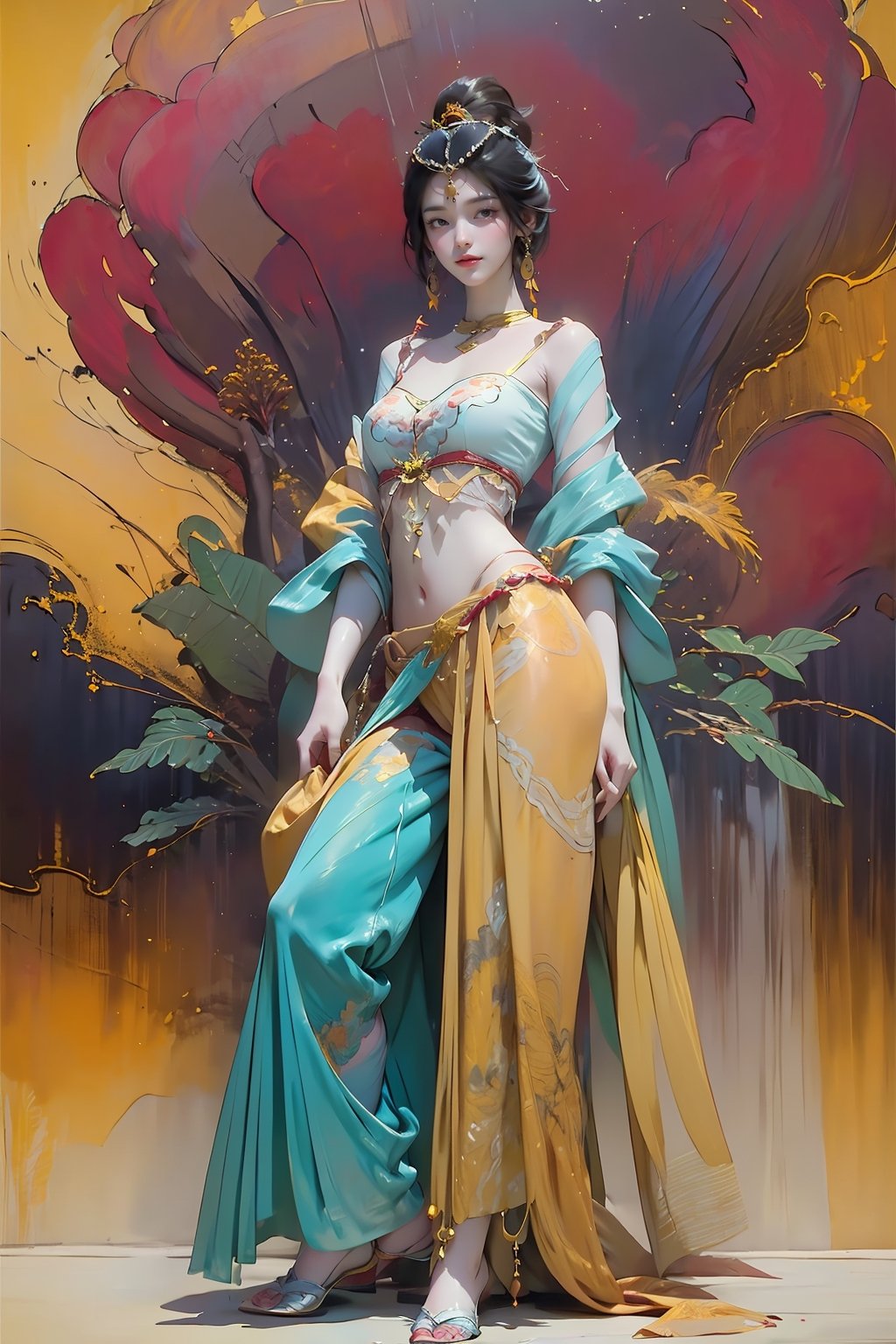 extreme detailed, (masterpiece), (top quality), (best quality), (official art), (beautiful and aesthetic:1.2), (stylish pose), (1 woman), (fractal art:1.3), (colorful), (burgundy-yellow theme: 1.2), ppcp, 七分裙, show navel ,perfect,ChineseWatercolorPainting