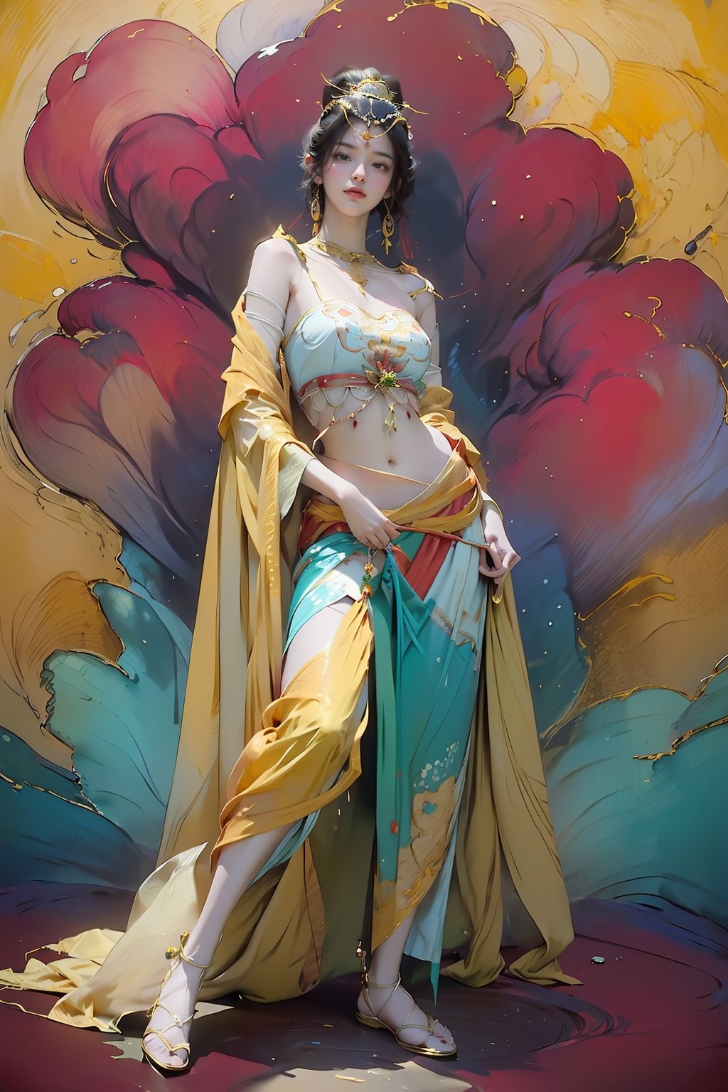 extreme detailed, (masterpiece), (top quality), (best quality), (official art), (beautiful and aesthetic:1.2), (stylish pose), (1 woman), (fractal art:1.3), (colorful), (burgundy-yellow theme: 1.2), ppcp, 七分裙, show navel ,perfect,ChineseWatercolorPainting