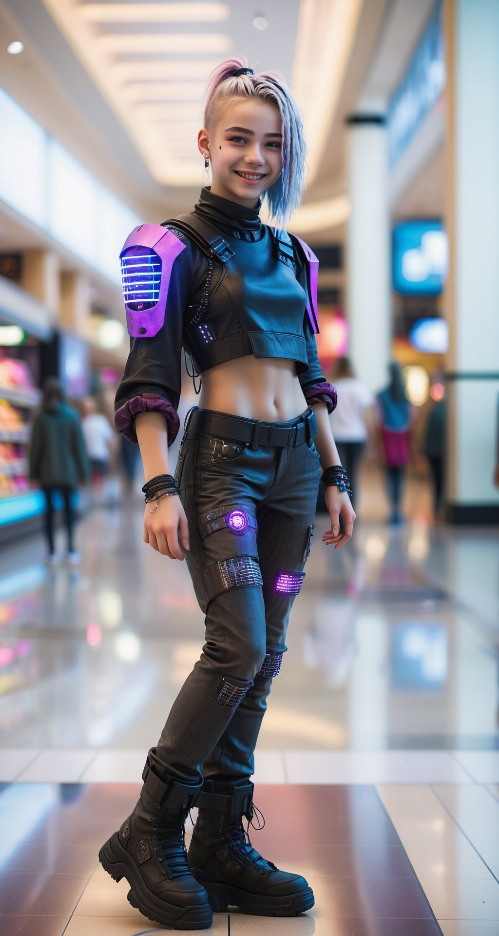 masterpiece, a RAW full body shot photography of a pretty 19yo cyberpunk girl in a shopping mall, smiling at viewer, 8k, fine detail, intricate detail, depth of field, highres