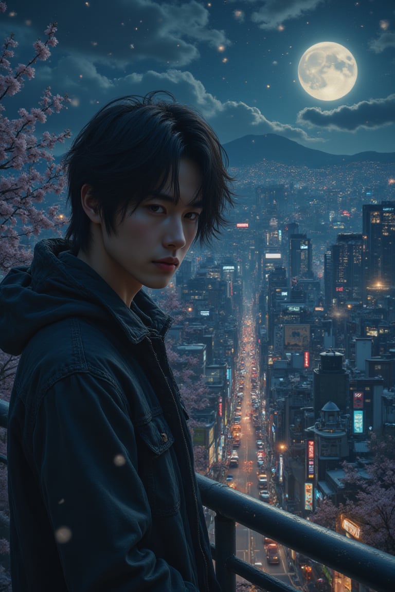 Image is a digital illustration featuring a beautiful japanese man set against a japanese cherry tree night. The man is positioned on the left side of the image, with  black hair with bangs that appears to be blowing in the wind. The man has fair skin and striking dark eyes, wearing casual clothes with muscular arms in evidence. The background showcases a sprawling urban landscape filled with illuminated buildings and streets, creating a vibrant and bustling atmosphere. The sky is a deep blue, enhancing the contrast with the city lights. The overall composition combines the dynamic pose of the character with the serene yet lively city backdrop, creating a sense of movement and energy... Ben Bauchau, Michael Garmash, Daniel F Gerhartz, Clint Cearley, Carne Griffiths, Jean Baptiste Monge, strybk style, warm dreamy lighting, matte background, volumetric lighting, pulp adventure style, fluid acrylic, dynamic gradients, bold color, illustration, highly detailed, simple, smooth and clean vector curves, vector art, smooth, johan grenier, character design, 3d shadowing, fanbox, cinematic, ornate motifs, elegant organic framing, hyperrealism, posterized, masterpiece collection, bright lush colors, TXAA, penumbra, alcohol paint, wet gouache, ultrarealistic, film grain, surreal, moody, ethereal fantasy, amazing depth, cinematic film still, sharp focus, (James Christensen), Gustav Klimt, (Anne Bachelier:1.2), (Lillian Bassman, Erwin Blumenfeld),shabby chic,, 1920s retrofuturism, industrial, art deco, coherent, (Dieselpunk:1.3)sparkles,in the style of vargas, warm dreamy lighting, matte background, volumetric lighting, pulp adventure style, fluid acrylic, dynamic gradients, bold color, illustration, highly detailed, simple, smooth and clean vector curves, vector art, smooth, johan grenier, character design, 3d shadowing, fanbox, cinematic, ornate motifs, elegant organic framing, hyperrealism, posterized, masterpiece collection, bright lush colors, TXAA, penumbra, alcohol paint, wet gouache, ultrarealistic, film grain, surreal, moody, ethereal fantasy, amazing depth, cinematic film still, sharp focus, (James Christensen), Gustav Klimt, (Anne Bachelier:1.2), (Lillian Bassman, Erwin Blumenfeld),shabby chic,, 1920s retrofuturism, industrial, art deco, coherent, (Dieselpunk:1.3)sparkles,in the style of vargas,REALNIME,Gojo satoru,female hand,hkmagic,Fantasy detailers 