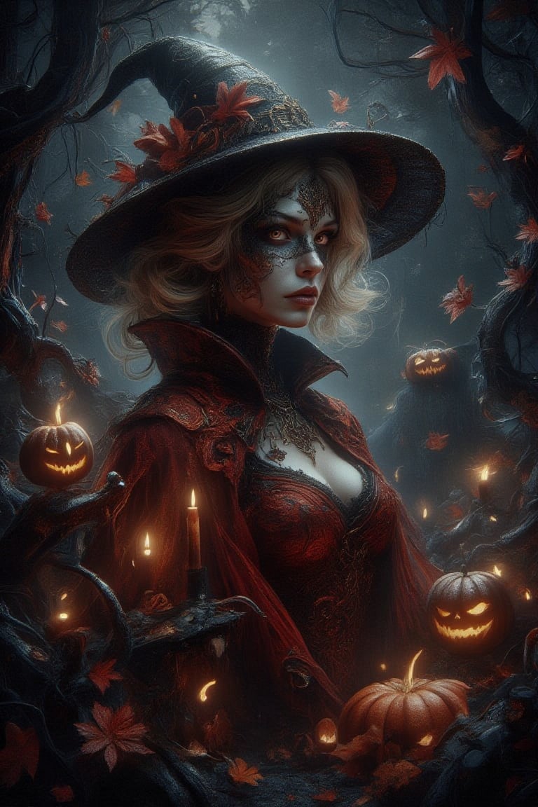 IImage is a digital artwork featuring a witch with a striking appearance. She has fair skin and sharp facial features, including large, expressive eyes and full red lips. Her hair are short, wavy and dark blonde, complementing her pale complexion. She wears a large, black witch's hat that adds a mystical element to her look. Her attire is a flowing, red cloak with intricate detailing, blending seamlessly with the dark, twisted branches and red and orange leaves surrounding her. The background is a moody, dark forest setting, enhancing the mysterious and enchanting halloween atmosphere. .. Ben Bauchau, Michael Garmash, Daniel F Gerhartz, Clint Cearley, Carne Griffiths, Jean Baptiste Monge, strybk style, warm dreamy lighting, matte background, volumetric lighting, pulp adventure style, fluid acrylic, dynamic gradients, bold color, illustration, highly detailed, simple, smooth and clean vector curves, vector art, smooth, johan grenier, character design, 3d shadowing, fanbox, cinematic, ornate motifs, elegant organic framing, hyperrealism, posterized, masterpiece collection, bright lush colors, TXAA, penumbra, alcohol paint, wet gouache, ultrarealistic, film grain, surreal, moody, ethereal fantasy, amazing depth, cinematic film still, sharp focus, (James Christensen), Gustav Klimt, (Anne Bachelier:1.2), (Lillian Bassman, Erwin Blumenfeld),shabby chic,, 1920s retrofuturism, industrial, art deco, coherent, (Dieselpunk:1.3)sparkles,in the style of vargas, warm dreamy lighting, matte background, volumetric lighting, pulp adventure style, fluid acrylic, dynamic gradients, bold color, illustration, highly detailed, simple, smooth and clean vector curves, vector art, smooth, johan grenier, character design, 3d shadowing, fanbox, cinematic, ornate motifs, elegant organic framing, hyperrealism, posterized, masterpiece collection, bright lush colors, TXAA, penumbra, alcohol paint, wet gouache, ultrarealistic, film grain, surreal, moody, ethereal fantasy, amazing depth, cinematic film still, sharp focus, (James Christensen), Gustav Klimt, (Anne Bachelier:1.2), (Lillian Bassman, Erwin Blumenfeld),shabby chic,, 1920s retrofuturism, industrial, art deco, coherent, (Dieselpunk:1.3)sparkles,in the style of vargas,REALNIME,Gojo satoru,female hand,hkmagic,Fantasy detailers,DarkHalloween