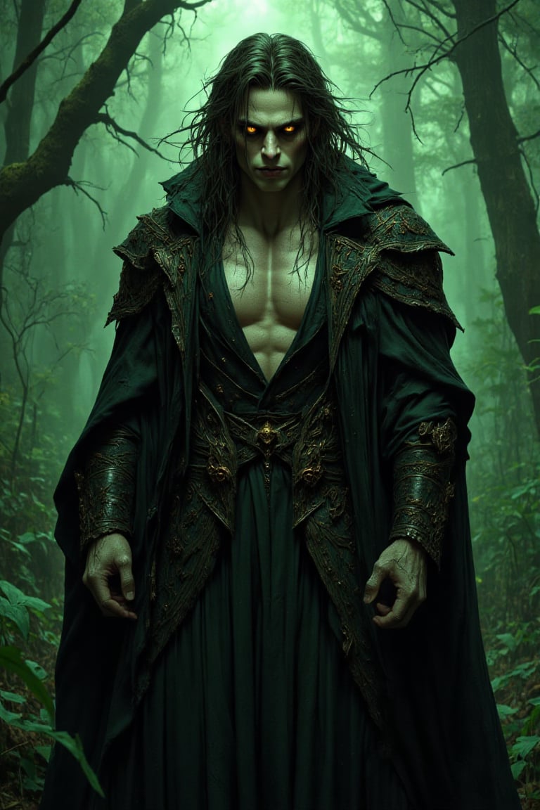 Image is a digital artwork featuring a sexy male figure with a muscular build, standing in a dramatic pose. He has a chiseled face with sharp features, shining golden eyes like a demon, and a serious expression. His skin is a pale, and his hair are flowing long and dark. He is wearing an elaborate, dark, coat with intricate embroidery, giving a regal and mysterious appearance. The coat is fitted, accentuating his broad shoulders and narrow waist. The background is a misty, forested landscape, adding to the gothic and atmospheric mood of the image. The overall color palette is dark and moody, with deep greens and blacks dominating the scene... Ben Bauchau, Michael Garmash, Daniel F Gerhartz, Clint Cearley, Carne Griffiths, Jean Baptiste Monge, strybk style, warm dreamy lighting, matte background, volumetric lighting, pulp adventure style, fluid acrylic, dynamic gradients, bold color, illustration, highly detailed, simple, smooth and clean vector curves, vector art, smooth, johan grenier, character design, 3d shadowing, fanbox, cinematic, ornate motifs, elegant organic framing, hyperrealism, posterized, masterpiece collection, bright lush colors, TXAA, penumbra, alcohol paint, wet gouache, ultrarealistic, film grain, surreal, moody, ethereal fantasy, amazing depth, cinematic film still, sharp focus, (James Christensen), Gustav Klimt, (Anne Bachelier:1.2), (Lillian Bassman, Erwin Blumenfeld),shabby chic,, 1920s retrofuturism, industrial, art deco, coherent, (Dieselpunk:1.3)sparkles,in the style of vargas, warm dreamy lighting, matte background, volumetric lighting, pulp adventure style, fluid acrylic, dynamic gradients, bold color, illustration, highly detailed, simple, smooth and clean vector curves, vector art, smooth, johan grenier, character design, 3d shadowing, fanbox, cinematic, ornate motifs, elegant organic framing, hyperrealism, posterized, masterpiece collection, bright lush colors, TXAA, penumbra, alcohol paint, wet gouache, ultrarealistic, film grain, surreal, moody, ethereal fantasy, amazing depth, cinematic film still, sharp focus, (James Christensen), Gustav Klimt, (Anne Bachelier:1.2), (Lillian Bassman, Erwin Blumenfeld),shabby chic,, 1920s retrofuturism, industrial, art deco, coherent, (Dieselpunk:1.3)sparkles,in the style of vargas,REALNIME,,female hand,hkmagic,Fantasy detailers,DarkHalloween,halloween_witch