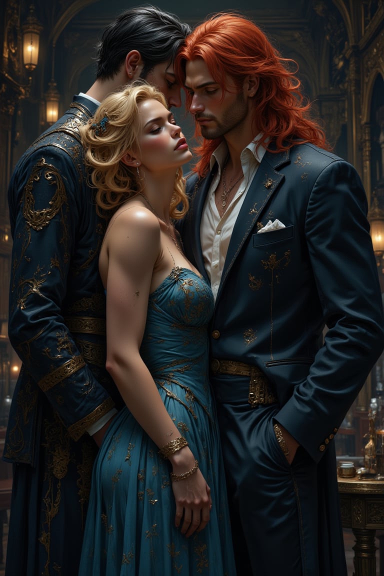 Image is a digital illustration featuring three individuals in a close, very intimate and sensual pose. The central figure is a woman with curly blonde hair, and striking facial features, wearing a blue elegant and shining dress. On her right, a tall man with dark wavy hair and fair skin is dressed in a dark blue elegant clothes over a white shirt, with his hands in his pockets. On her left, another tall man with red long hair and fair skin is similarly dressed in a dark green elegant clothes and white shirt. The background is a elegant room. The overall style is realistic with a focus on detailed facial expressions and clothing textures... Ben Bauchau, Michael Garmash, Daniel F Gerhartz, Clint Cearley, Carne Griffiths, Jean Baptiste Monge, strybk style, warm dreamy lighting, matte background, volumetric lighting, pulp adventure style, fluid acrylic, dynamic gradients, bold color, illustration, highly detailed, simple, smooth and clean vector curves, vector art, smooth, johan grenier, character design, 3d shadowing, fanbox, cinematic, ornate motifs, elegant organic framing, hyperrealism, posterized, masterpiece collection, bright lush colors, TXAA, penumbra, alcohol paint, wet gouache, ultrarealistic, film grain, surreal, moody, ethereal fantasy, amazing depth, cinematic film still, sharp focus, (James Christensen), Gustav Klimt, (Anne Bachelier:1.2), (Lillian Bassman, Erwin Blumenfeld),shabby chic,, 1920s retrofuturism, industrial, art deco, coherent, (Dieselpunk:1.3)sparkles,in the style of vargas, warm dreamy lighting, matte background, volumetric lighting, pulp adventure style, fluid acrylic, dynamic gradients, bold color, illustration, highly detailed, simple, smooth and clean vector curves, vector art, smooth, johan grenier, character design, 3d shadowing, fanbox, cinematic, ornate motifs, elegant organic framing, hyperrealism, posterized, masterpiece collection, bright lush colors, TXAA, penumbra, alcohol paint, wet gouache, ultrarealistic, film grain, surreal, moody, ethereal fantasy, amazing depth, cinematic film still, sharp focus, (James Christensen), Gustav Klimt, (Anne Bachelier:1.2), (Lillian Bassman, Erwin Blumenfeld),shabby chic,, 1920s retrofuturism, industrial, art deco, coherent, (Dieselpunk:1.3)sparkles,in the style of vargas,REALNIME,Gojo satoru,female hand,hkmagic,Fantasy detailers 