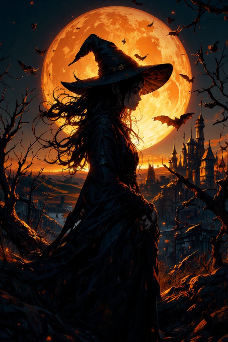 Image is a digital illustration featuring a silhouette of a witch standing against a large, glowing full moon. The style is dark and atmospheric, with a focus on contrast between the black silhouette and the warm orange and yellow hues of the moon. The witch is depicted with a pointed hat and tattered dress, her long hair flowing in the wind. In the background, a barren tree and a distant, gothic-style castle are visible, adding to the eerie ambiance. Several bats are flying across the sky, enhancing the Halloween theme. The overall composition is balanced, with the witch centrally positioned, creating a striking and mysterious visual effect..... Ben Bauchau, Michael Garmash, Daniel F Gerhartz, Clint Cearley, Carne Griffiths, Jean Baptiste Monge, strybk style, warm dreamy lighting, matte background, volumetric lighting, pulp adventure style, fluid acrylic, dynamic gradients, bold color, illustration, highly detailed, simple, smooth and clean vector curves, vector art, smooth, johan grenier, character design, 3d shadowing, fanbox, cinematic, ornate motifs, elegant organic framing, hyperrealism, posterized, masterpiece collection, bright lush colors, TXAA, penumbra, alcohol paint, wet gouache, ultrarealistic, film grain, surreal, moody, ethereal fantasy, amazing depth, cinematic film still, sharp focus, (James Christensen), Gustav Klimt, (Anne Bachelier:1.2), (Lillian Bassman, Erwin Blumenfeld),shabby chic,, 1920s retrofuturism, industrial, art deco, coherent, (Dieselpunk:1.3)sparkles,in the style of vargas, warm dreamy lighting, matte background, volumetric lighting, pulp adventure style, fluid acrylic, dynamic gradients, bold color, illustration, highly detailed, simple, smooth and clean vector curves, vector art, smooth, johan grenier, character design, 3d shadowing, fanbox, cinematic, ornate motifs, elegant organic framing, hyperrealism, posterized, masterpiece collection, bright lush colors, TXAA, penumbra, alcohol paint, wet gouache, ultrarealistic, film grain, surreal, moody, ethereal fantasy, amazing depth, cinematic film still, sharp focus, (James Christensen), Gustav Klimt, (Anne Bachelier:1.2), (Lillian Bassman, Erwin Blumenfeld),shabby chic,, 1920s retrofuturism, industrial, art deco, coherent, (Dieselpunk:1.3)sparkles,in the style of vargas,REALNIME,,female hand,hkmagic,Fantasy detailers,DarkHalloween,halloween_witch