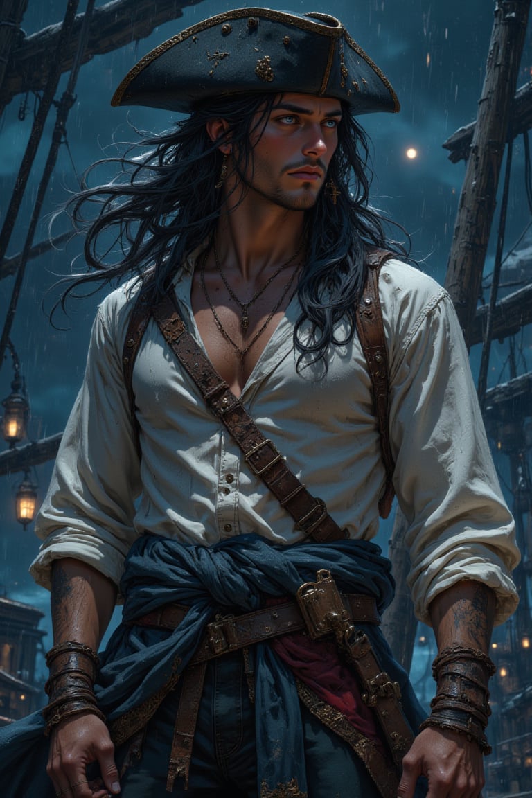 Image is an illustration featuring a young pirate man with fair skin and long, black hair, blue eyes standing on a wooden ship deck. The pirate is wearing a white, ruffled shirt with multiple leather straps and buckles, pirate's hat. His expression is contemplative, looking off to the side. The background shows parts of the ship, including wooden masts and rigging, under a night blue sky in rain and storm. The overall composition conveys a sense of adventure and mystery, with a focus on the subject's striking features and attire.. Ben Bauchau, Michael Garmash, Daniel F Gerhartz, Clint Cearley, Carne Griffiths, Jean Baptiste Monge, strybk style, warm dreamy lighting, matte background, volumetric lighting, pulp adventure style, fluid acrylic, dynamic gradients, bold color, illustration, highly detailed, simple, smooth and clean vector curves, vector art, smooth, johan grenier, character design, 3d shadowing, fanbox, cinematic, ornate motifs, elegant organic framing, hyperrealism, posterized, masterpiece collection, bright lush colors, TXAA, penumbra, alcohol paint, wet gouache, ultrarealistic, film grain, surreal, moody, ethereal fantasy, amazing depth, cinematic film still, sharp focus, (James Christensen), Gustav Klimt, (Anne Bachelier:1.2), (Lillian Bassman, Erwin Blumenfeld),shabby chic,, 1920s retrofuturism, industrial, art deco, coherent, (Dieselpunk:1.3)sparkles,in the style of vargas, warm dreamy lighting, matte background, volumetric lighting, pulp adventure style, fluid acrylic, dynamic gradients, bold color, illustration, highly detailed, simple, smooth and clean vector curves, vector art, smooth, johan grenier, character design, 3d shadowing, fanbox, cinematic, ornate motifs, elegant organic framing, hyperrealism, posterized, masterpiece collection, bright lush colors, TXAA, penumbra, alcohol paint, wet gouache, ultrarealistic, film grain, surreal, moody, ethereal fantasy, amazing depth, cinematic film still, sharp focus, (James Christensen), Gustav Klimt, (Anne Bachelier:1.2), (Lillian Bassman, Erwin Blumenfeld),shabby chic,, 1920s retrofuturism, industrial, art deco, coherent, (Dieselpunk:1.3)sparkles,in the style of vargas,REALNIME,Gojo satoru,female hand,hkmagic,Fantasy detailers 