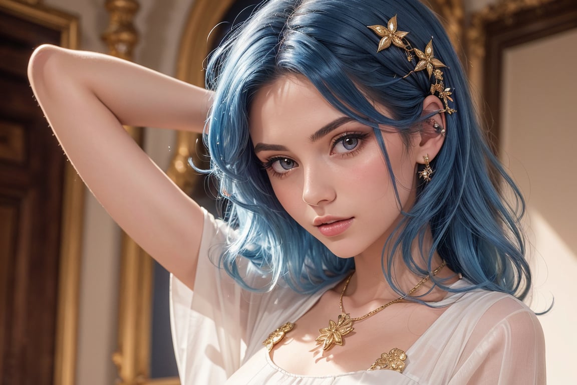 a beautiful girl with blue hair, with gold hairpins in her hair, in a white silk dress.