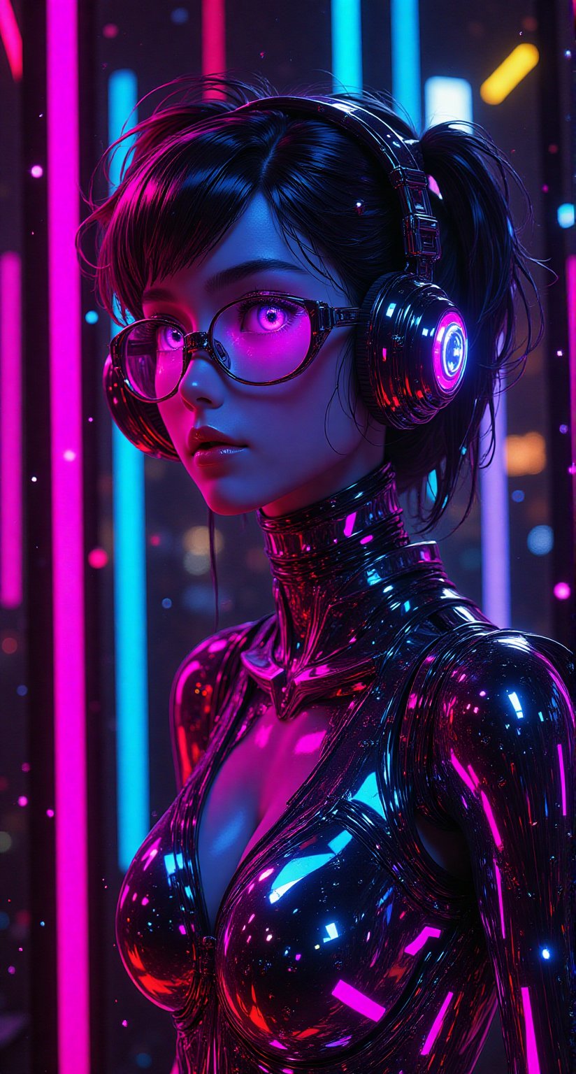 Beautiful girl in neon style, cyber style, cyber suit, lots of patterns, silver wires