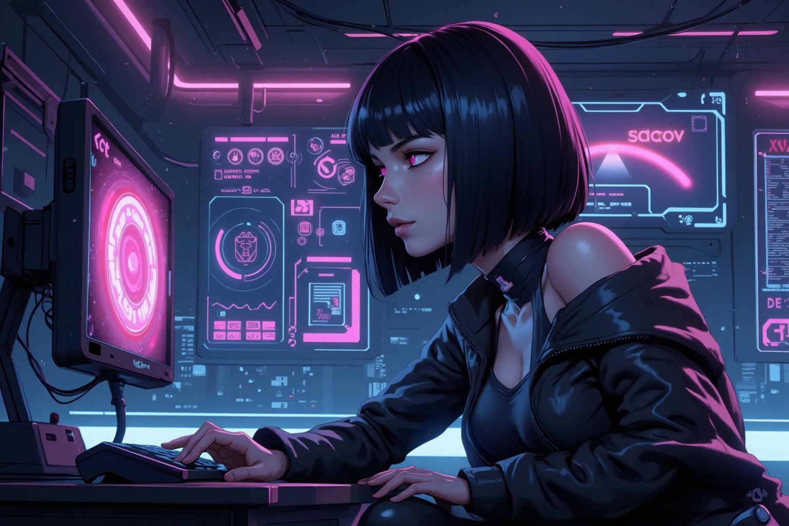 synth-wave and cyberpunk-themed, 2.5D stylized painterly, illustration. Soft gradients sharp edges, bold outlines. Of a beautiful hacker woman operating a terminal with holographic displays. Netrunner. bob-haircut, black hair, pink eyes, body with perfect proportions, normal-sized head, Realistic, highly-detailed, high-quality, concept game art. snythbabe