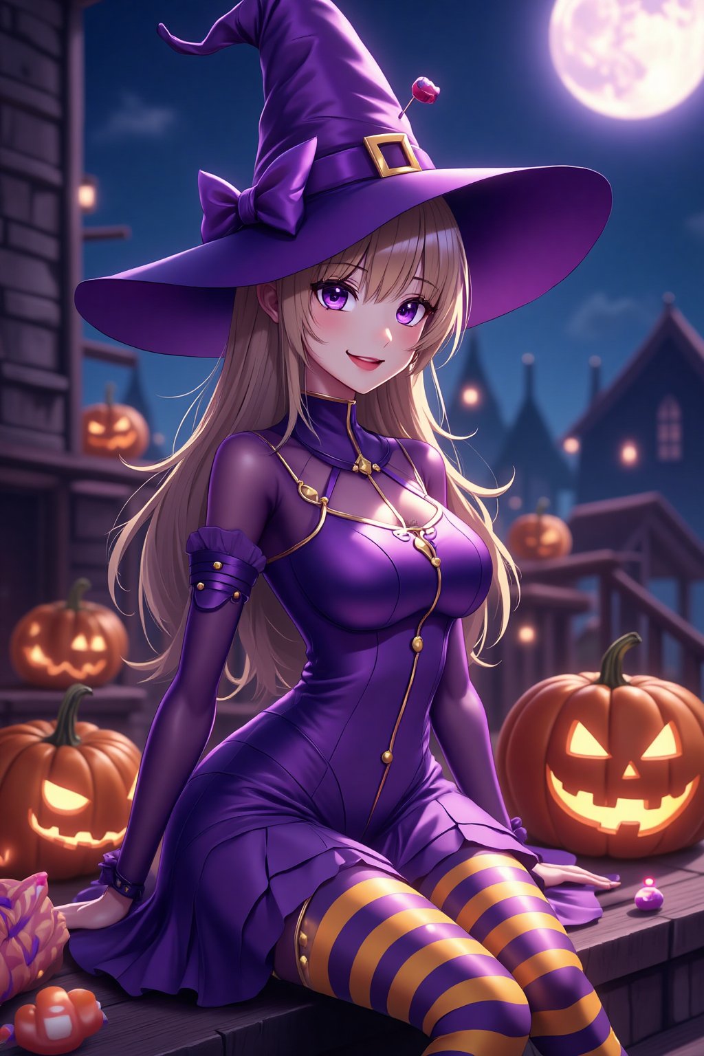 source_anime, closeup on a smiling woman in a tight purple Halloween dress and a witch hat sitting on the wooden stairs with jack-o-lanterns around it, cute tight dress, transparent long sleeves, shiny yellow and purple striped tights, jack-o'-lantern, Halloween theme, candy, sitting, pumpkin, moon, pantyhose, outdoors, night, Spooky, Mecha