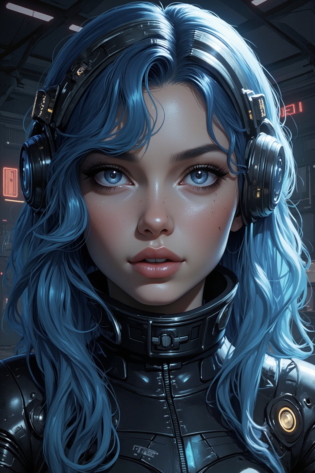 nice, beautiful, pleasing, frontal, closeup detailed face, curly long blue hair, space helm from the 1960s Sci Fi a bit of Giger Space Queen metal, bone cinematic photograph of alien, wearde , fast ,wind, , lighting, , realistic, intricate and hyperdetailed, album cover art, 3D lighting, high contrast, , Impressionism, 