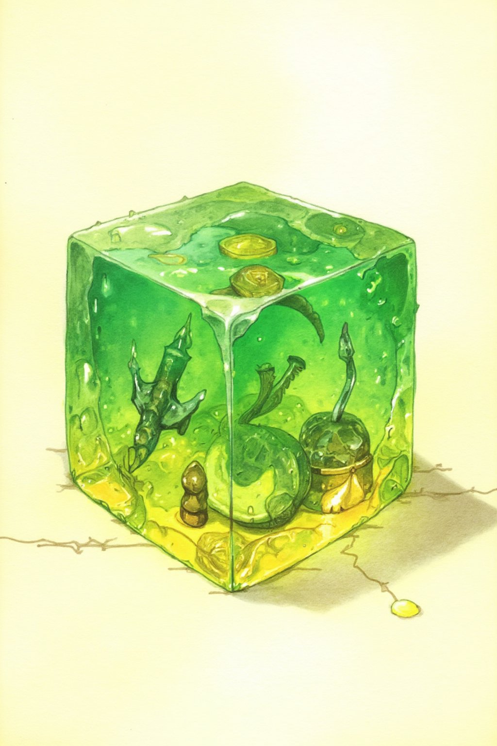 D&D-themed picture - closeup of - a green gelatinous cube, made of transparent gelatinous matter in the shape of a cube. Containing some remains of one adventurer, like a weapon some armor parts, and gold coins - Plain cream parchment background. In the style of fantasy illustrations inspired by roleplaying art - A masterpiece combining stunning detail, watercolor, color-pencil, realistic, best quality, highly-detailed, and high-quality. penacryl