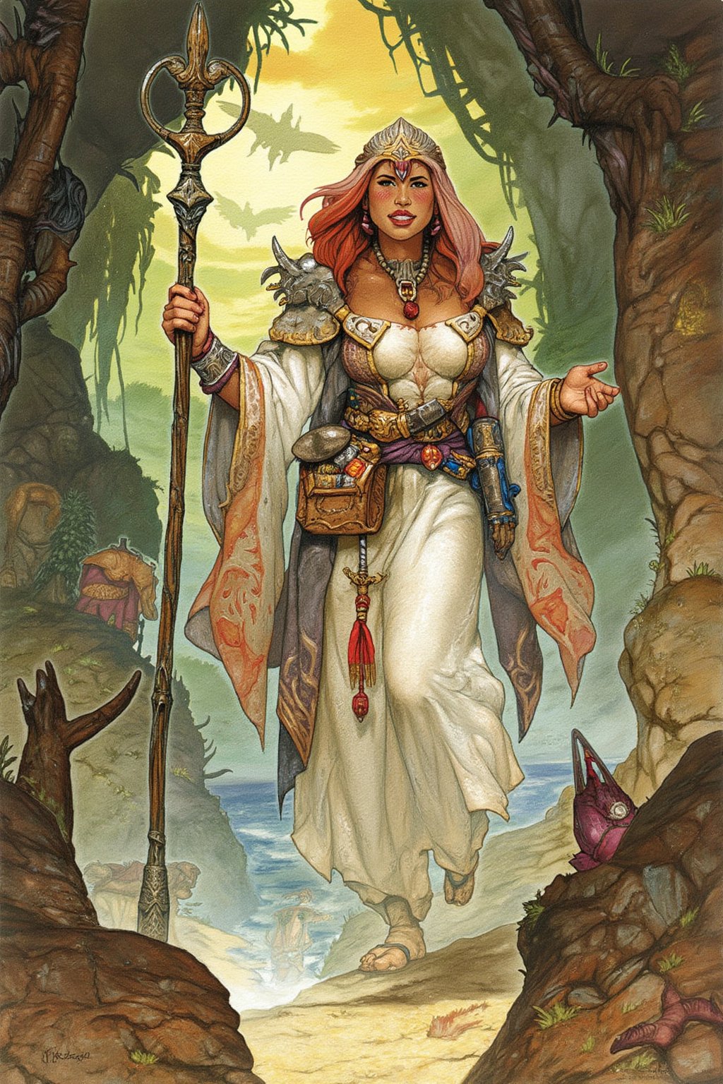 A masterpiece with stunning detail, realistic color-pencil, highly detailed, best quality with a little watercolor and intricate Hands. A lustful priestess of Venus. View from the front. Shy face blush, perfect body, intricate and sexy robes made from sheer fabric. Holding a two-handed staff. D&D fantasy sewer dungeon setting, outdoors, penacryl 