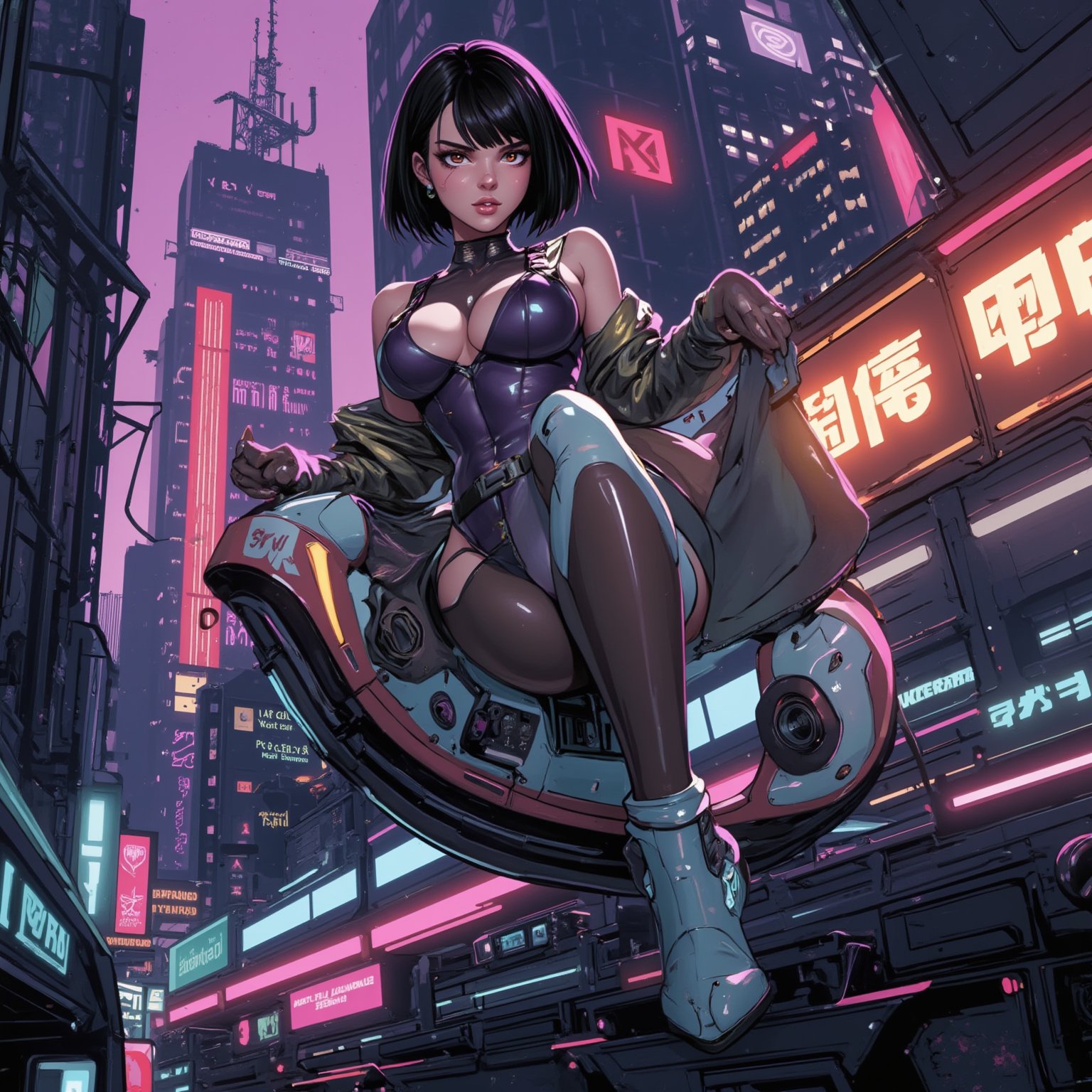 extremely sexy pinup. synth-wave and cyberpunk-themed, 2.5D stylized painterly, illustration. Soft gradients sharp edges, bold outlines. Of a beautiful woman in a tight translucent suit made from nylon and pantyhose flying a hoverracer, pose like a racing biker. through the streets of a cyberpunk city. stunning perspective, bob-haircut, black hair, body with perfect proportions, normal-sized head, Realistic, highly-detailed, high-quality, concept game art. snythbabe