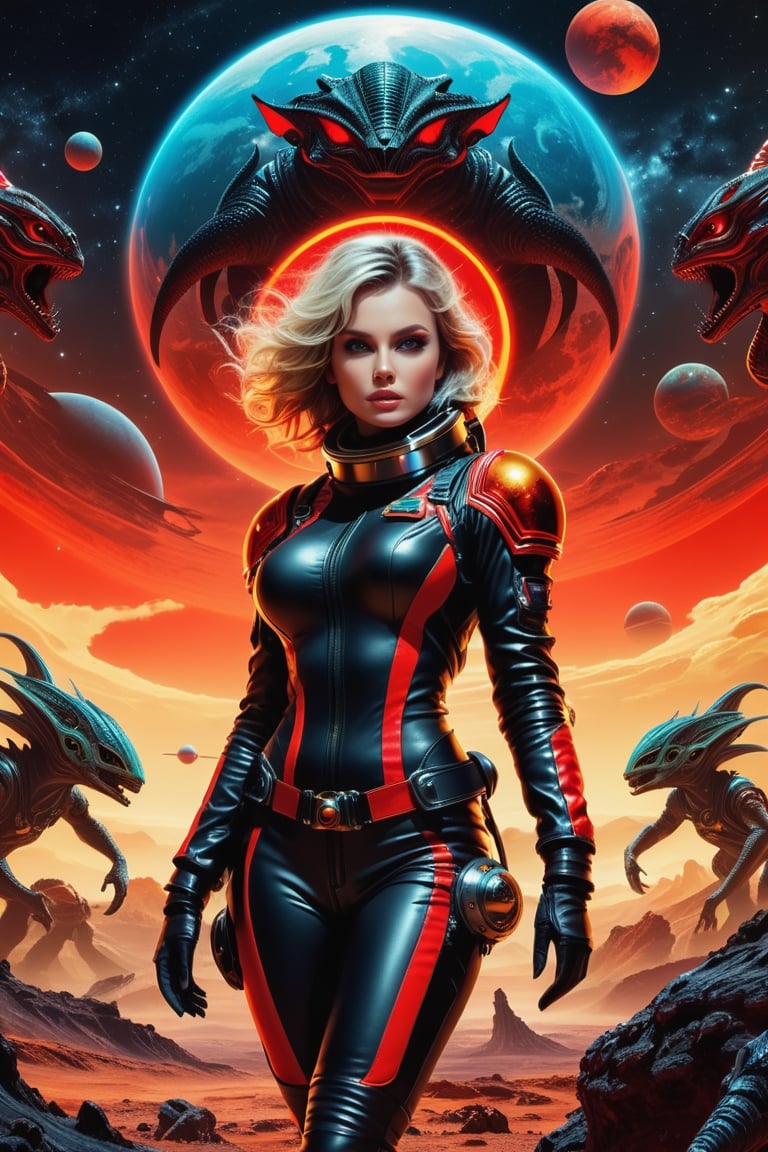 sexy astronaut girl,  on a planet surrounded by monstrous scared aliens. and the planet dresses skies and landscapes in ne...
