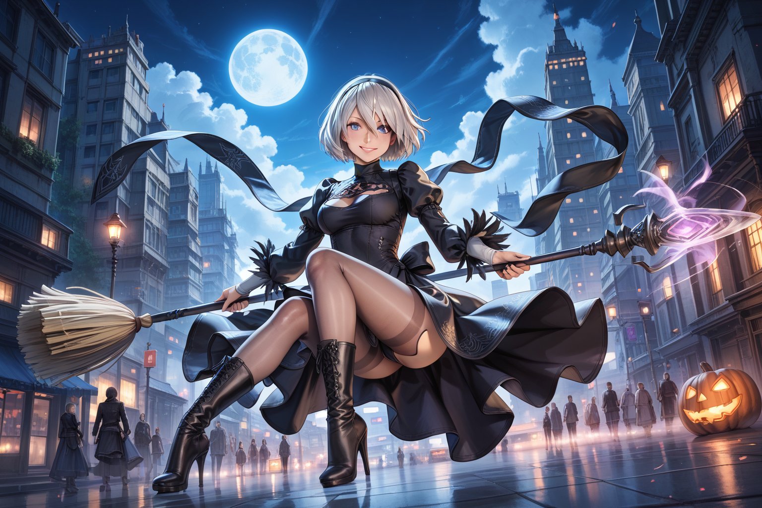 rating_questionable, score_9, score_8_up, score_7_up, score_6_up, score_4_up, score_5_up, source_anime, extremely detailed, calmstyle, 1girl, solo, yorha2b, bright blue eyes, deep blue eyes, lips, purple halloween custome, short purple witch dress and (purple shiny pantyhose), purple and white details on the skirt, high heels, overknee boots, magic staff in the hand, clothing cutout, detailed black patern on the dress, black witch outfit, cozy ambiance, (masterpiece), (best quality), (anime, masterpiece), (best quality, hires textures, high detail:1.8), (4k), UHD, 8K, the character is ((sitting on a broom while flying over a city at night)), late night colors, late night vibes, timid smile, slight blush, perfect smile, warm colors, shy smile detailed face, high detail in the face, high definition, perfect face, perfect-face, ((flying over a city on a broom)), detailed city in the background, full body view, (full body), bright colors, cinematic light, 