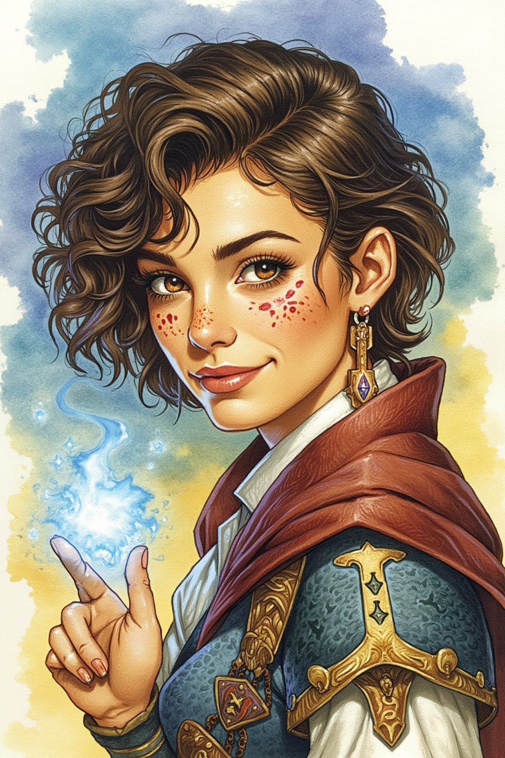 D&D-themed picture - Of a beautiful sorcerer woman with natural curly brown short hair and brown eyes. Freckles, magic rune tattoos. beautiful smile, full lips. Mid shot. magic aura of power gives her exceptional beauty a breathtaking awesomeness. A masterpiece, stunning detail, watercolor, color-pencil, realistic, highly-detailed, high-quality. penacryl