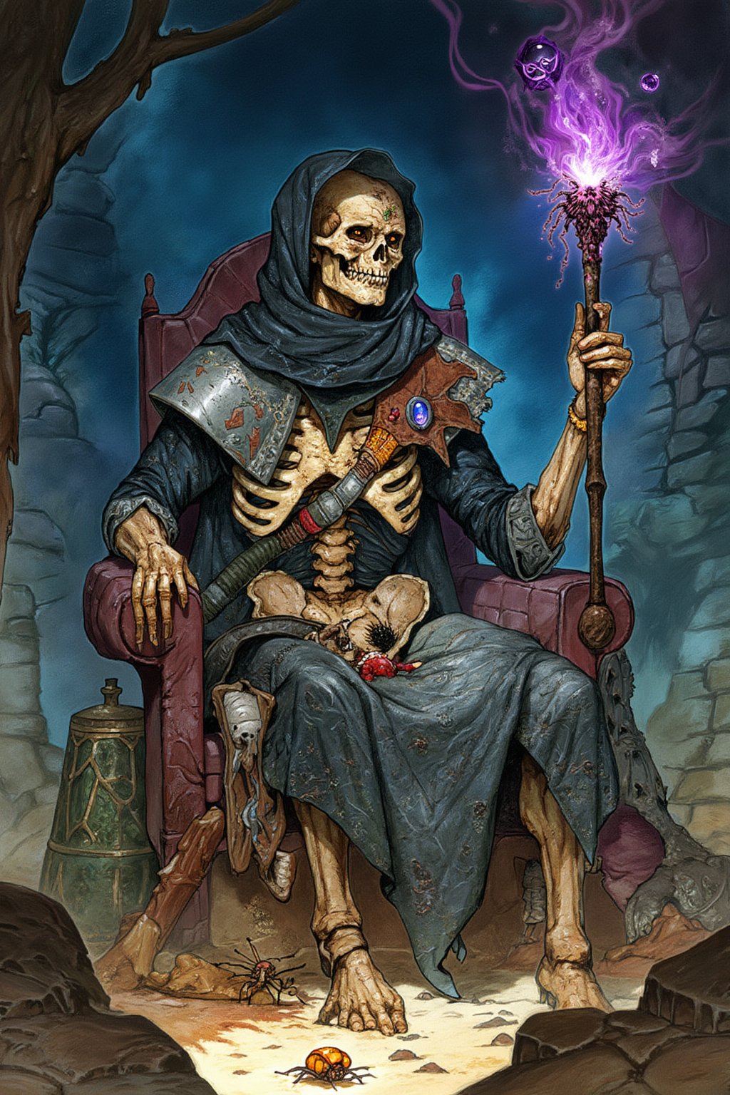 D&D-themed picture - closeup of one skeleton sitting alone on a duty chair. small leftover pieces of rotten cloth remain and the body is mostly covered with cobwebs and dust. several small spiders crawl over his body. He is holding on to a magic staff that spreads a spooky purple shine. The scene is set in an abandoned dark dungeon room without any other crratures. In the style of fantasy illustrations inspired by roleplaying art - A masterpiece combining stunning detail, watercolor, color-pencil, realistic, highly-detailed and high-quality. penacryl