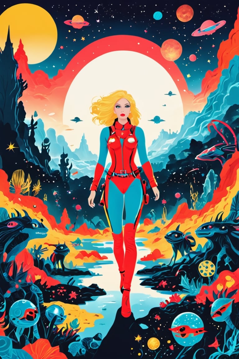 sexy astronaut girl on a planet surrounded by monstrous scared aliens. and the planet dresses skies and landscapes in neon...