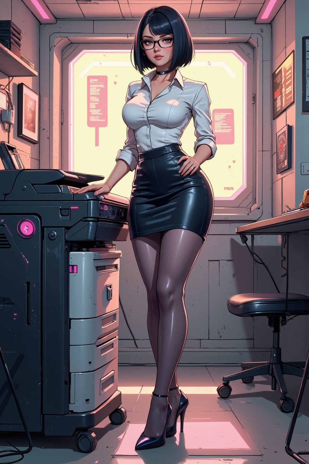 synth-wave and cyberpunk-themed, 2.5D stylized painterly, illustration. Soft gradients sharp edges, bold outlines. Of a beautiful woman secretary in a classic outfit with a sci-fi twist. Standing at a printer. Wearing pantyhose and heels. White top and pencil shirt. Glasses. holding a pad. bob-haircut, black hair, body with perfect proportions, normal-sized head, Realistic, highly-detailed, high-quality, In the style of Overwatch, Blizzard, LOL, Transistor, and Bastion concept game art. snythbabe