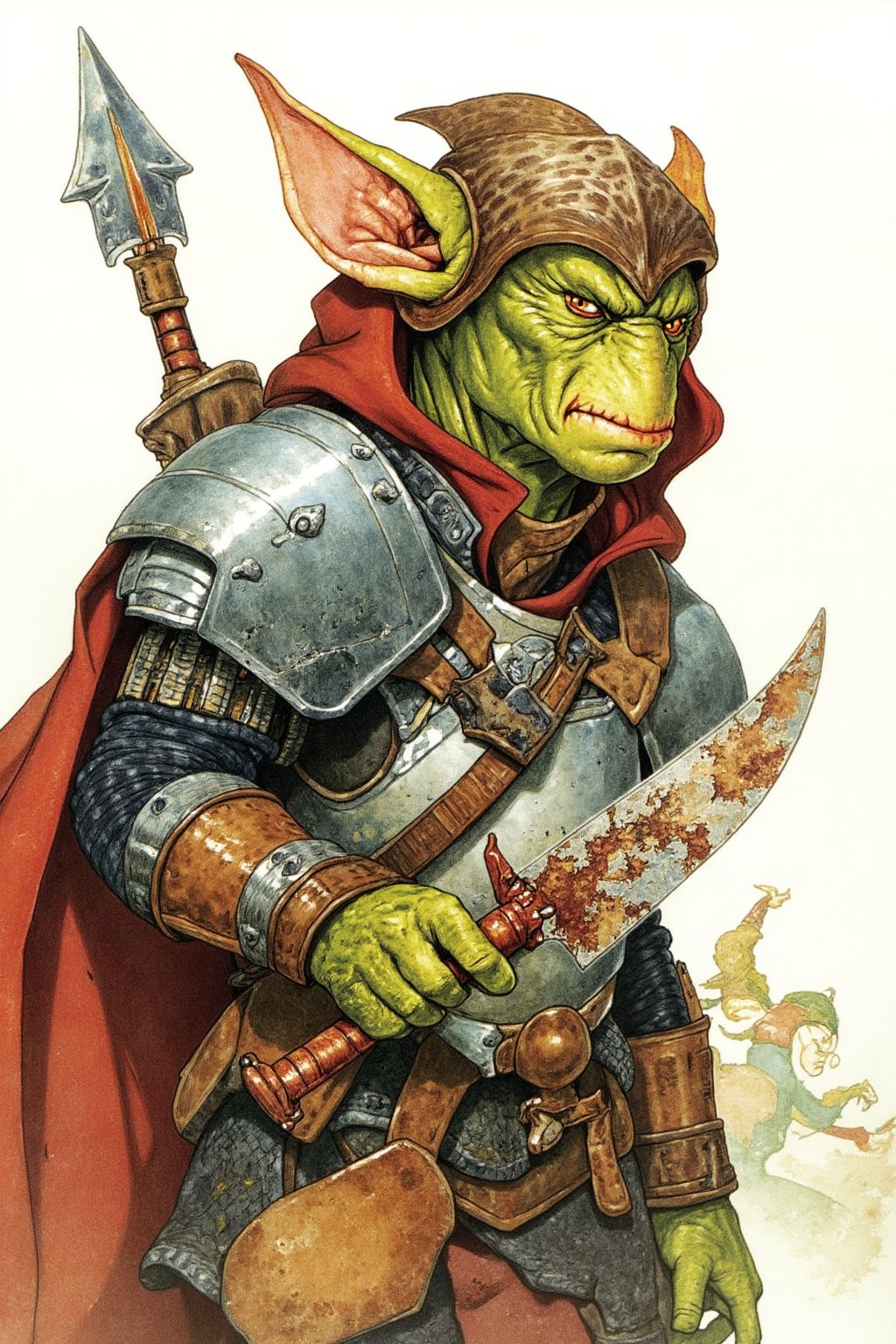 Goblin in full leather armor with a rusty dagger. A masterpiece combining stunning detail, watercolor, color-pencil, high quality. penacryl