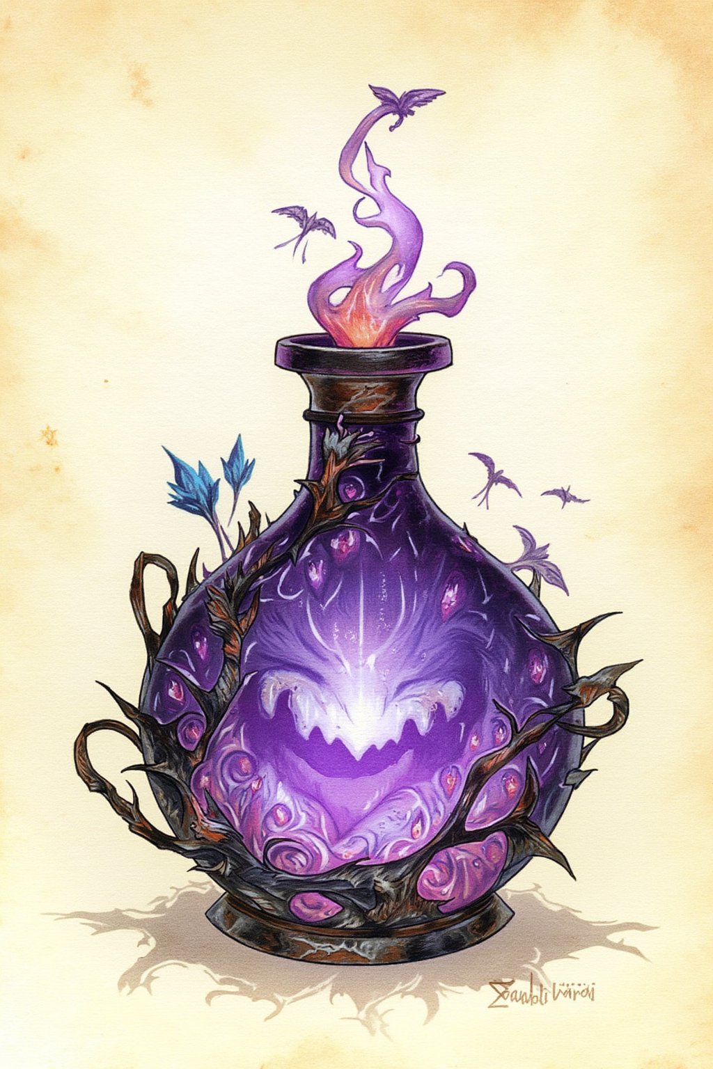 D&D-themed picture - closeup of one darkness potion with intricate decore and a hideous purple glow. plain cream parchment background. In the style of fantasy illustrations inspired by roleplaying art - A masterpiece combining stunning detail, watercolor, color-pencil, realistic, highly-detailed and high-quality. penacryl