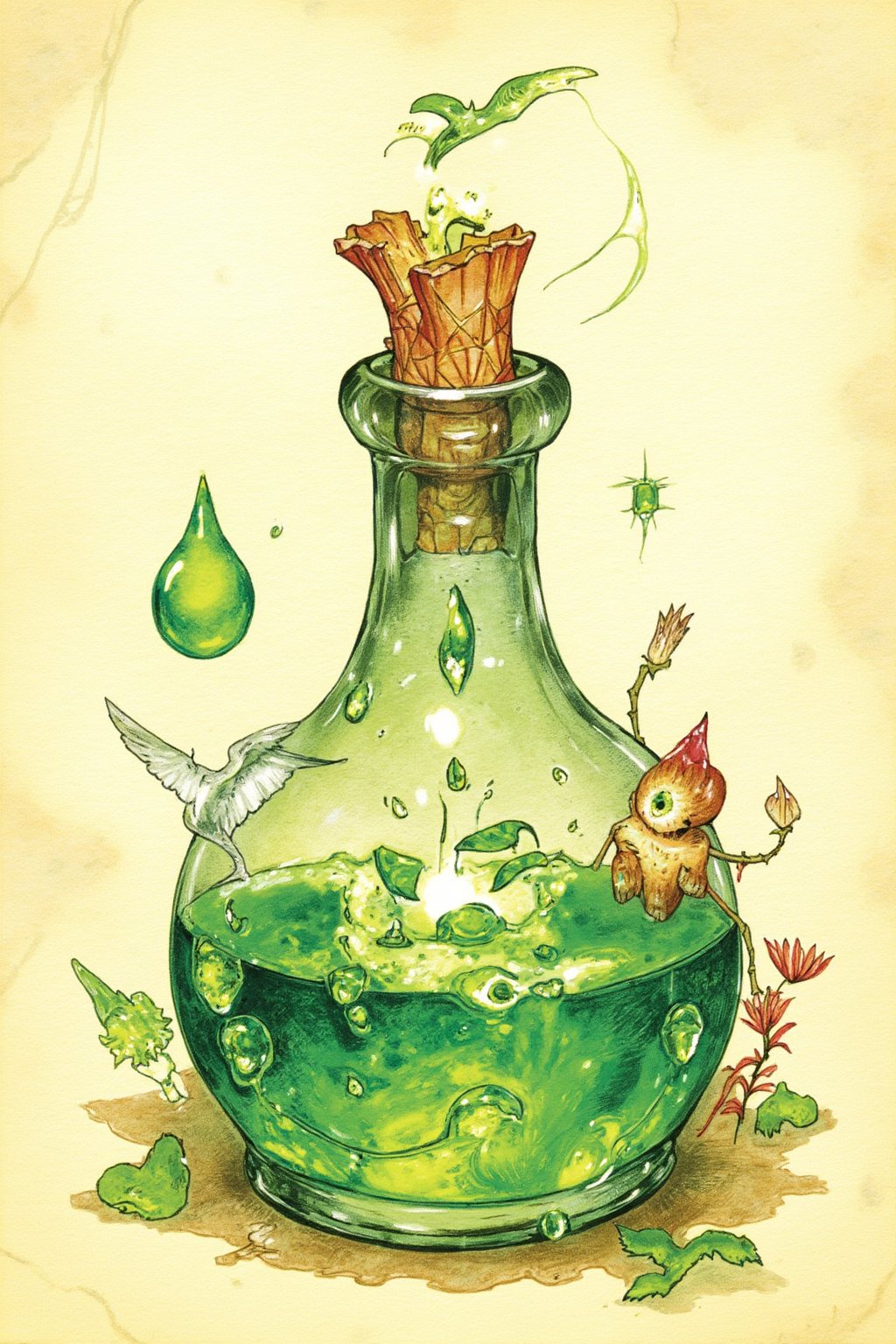 D&D-themed picture - closeup of one poison potion with intricate decore and a hidious green glow. plain cream parchment background. In the style of fantasy illustrations inspired by roleplaying art - A masterpiece combining stunning detail, watercolor, color-pencil, realistic, highly-detailed and high-quality. penacryl