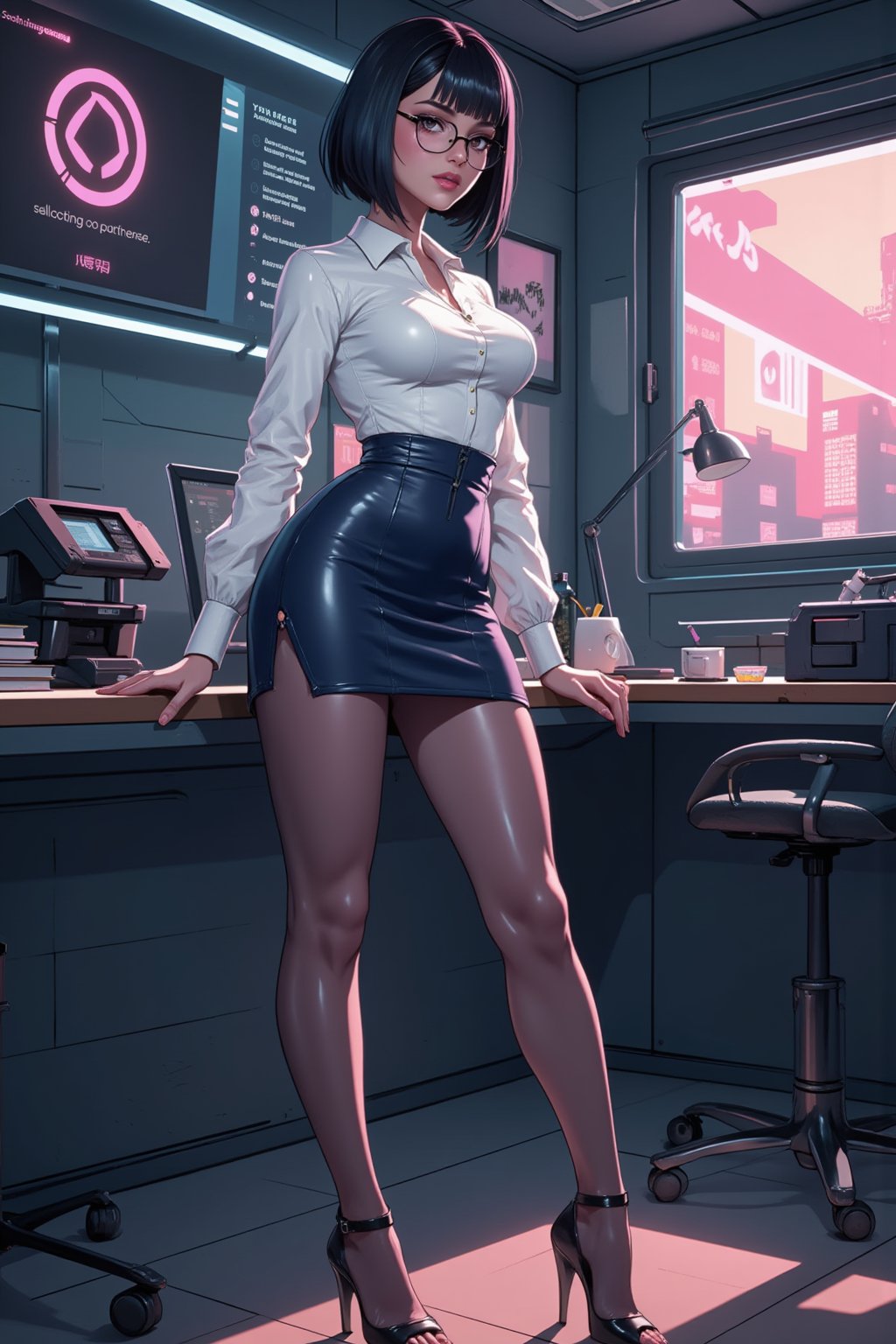 synth-wave and cyberpunk-themed, 2.5D stylized painterly, illustration. Soft gradients sharp edges, bold outlines. Of a beautiful woman secretary in a classic outfit with a sci-fi twist. Standing at a printer. Wearing pantyhose and heels. White top and pencil shirt. Glasses. holding a pad. bob-haircut, black hair, body with perfect proportions, normal-sized head, Realistic, highly-detailed, high-quality, In the style of Overwatch, Blizzard, LOL, Transistor, and Bastion concept game art. snythbabe