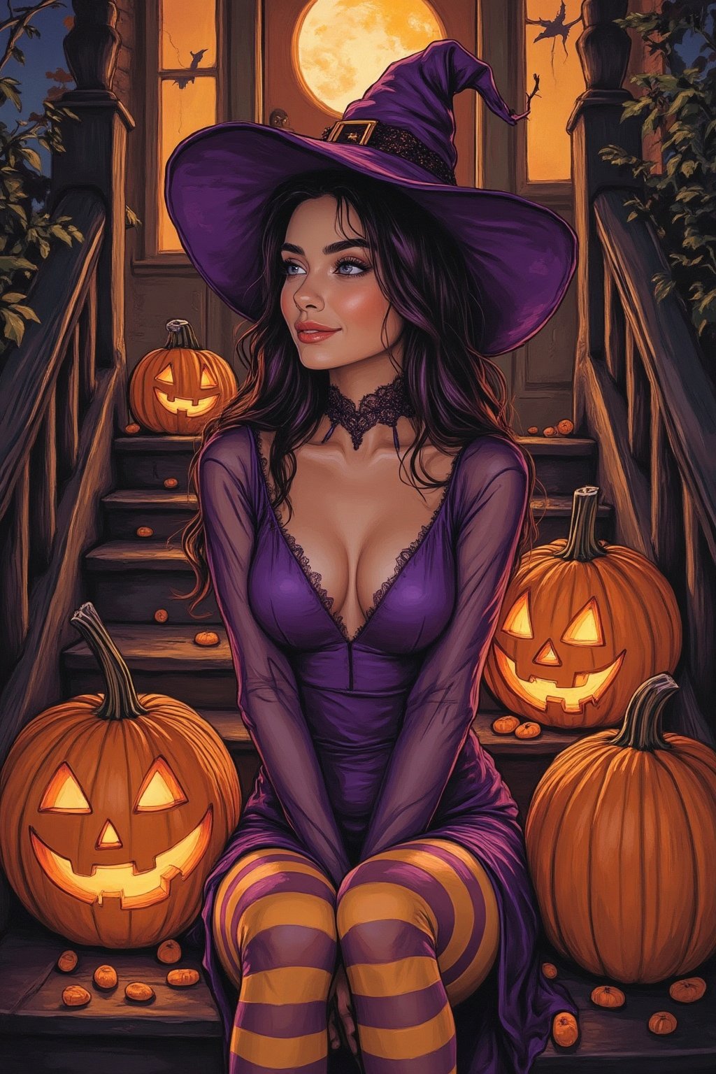 source_anime, closeup on a smiling woman in a tight purple Halloween dress and a witch hat sitting on the wooden stairs with jack-o-lanterns around it, cute tight dress, transparent long sleeves, shiny yellow and purple striped tights, jack-o'-lantern, Halloween theme, candy, sitting, pumpkin, moon, pantyhose, outdoors, night, Art Drawing, Spooky