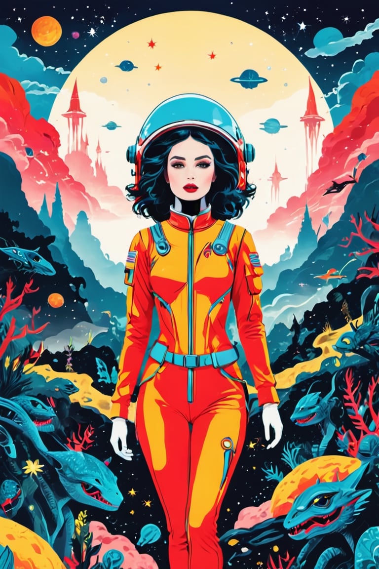 sexy astronaut girl,  on a planet surrounded by monstrous scared aliens. and the planet dresses skies and landscapes in ne...