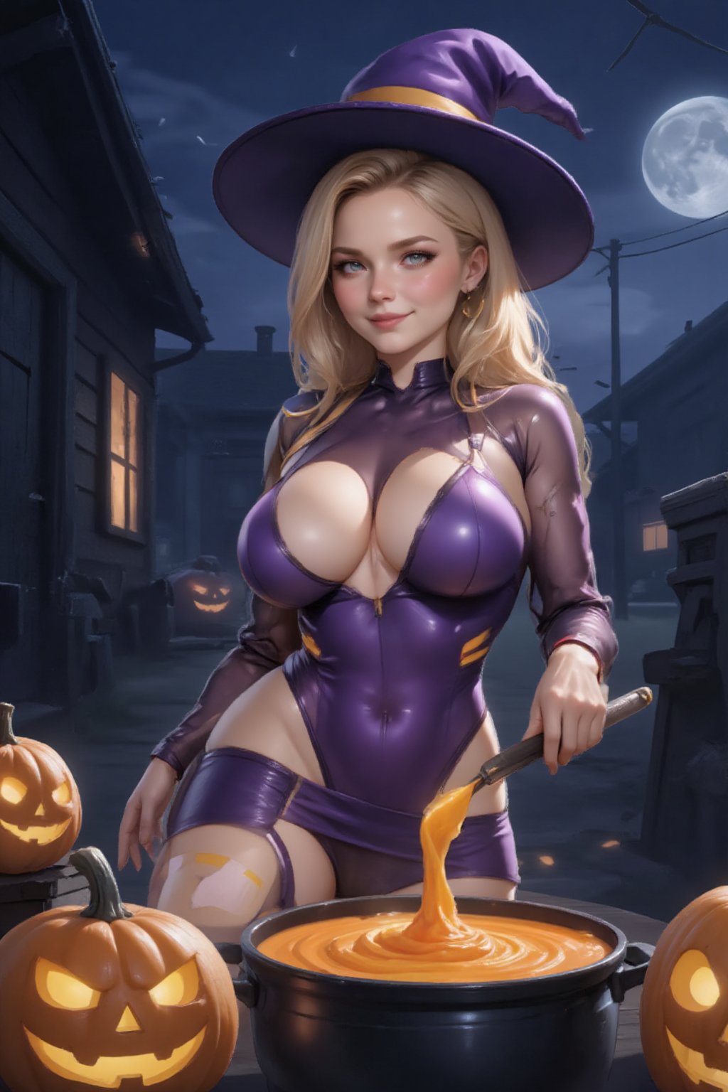 source_anime, closeup on a smiling woman in a tight purple Halloween dress and a witch hat, cooking orange slime in a big pot,  jack-o-lanterns around it, cute transparent dress, transparent long sleeves, sheer shiny yellow and purple striped tights, jack-o'-lantern, Halloween theme, candy, sitting, pumpkin, moon, pantyhose, outdoors, night, synthbabe, penacryl, godes, pantyhose, ripped