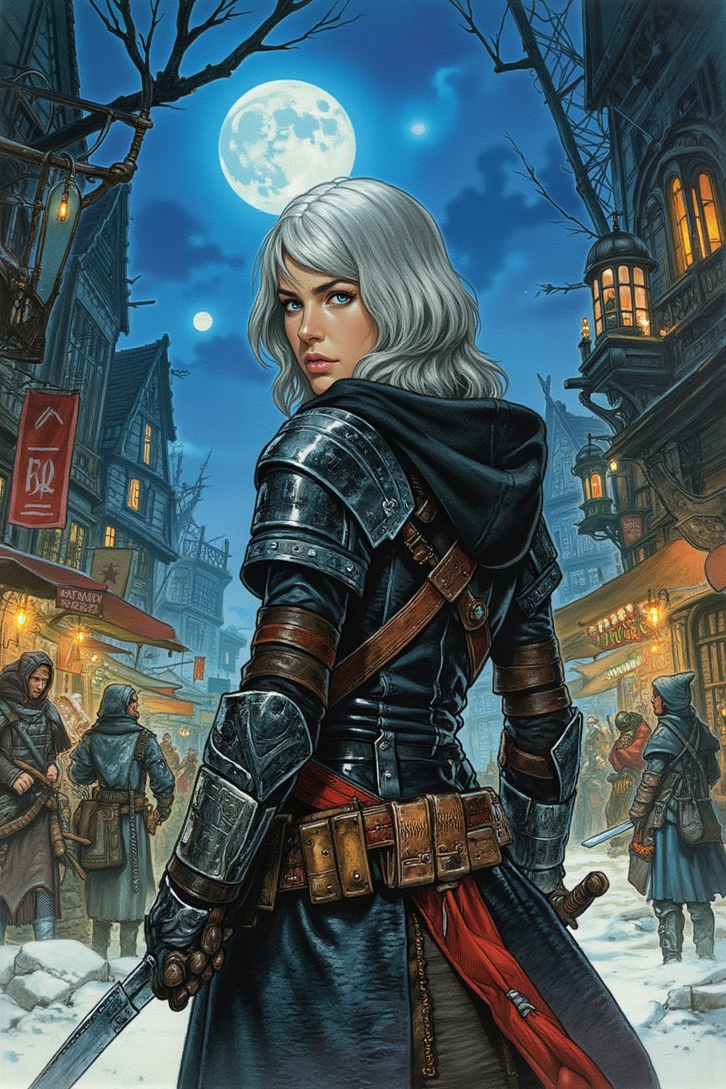 A masterpiece with stunning detail, realistic color-pencil, highly detailed, and the best quality with a little watercolor. penacryl  - (view from back pose), grey hair, 1girl, blue eyes, looking back at the viewer, solo focus, black leather armor, daggers, hooded, standing, two-tone hair, D&D fantasy night city setting, outdoors, correct hands, Violett Beane