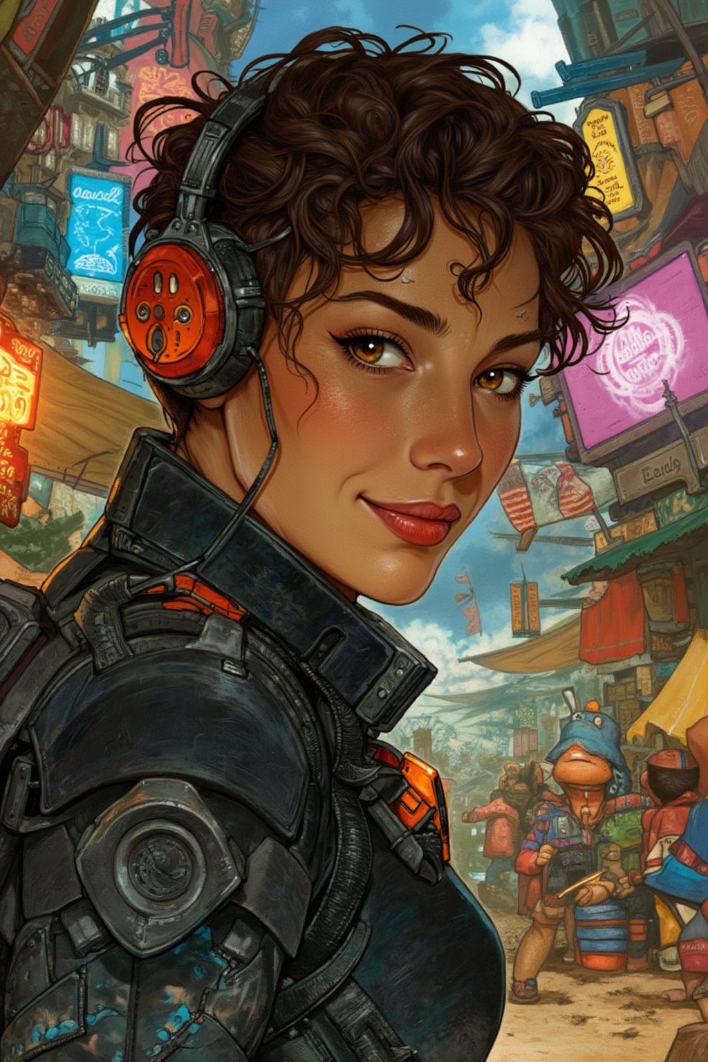 cyberpunk-themed picture - Of a beautiful woman with naural ((extremely small curly)) brown short hair, Brown eyes. Frackles, beautiful smile, full lips. Mid shot. (( Bend over deep yoga pose )) Realistic, highly-detailed, high-quality, penacryl