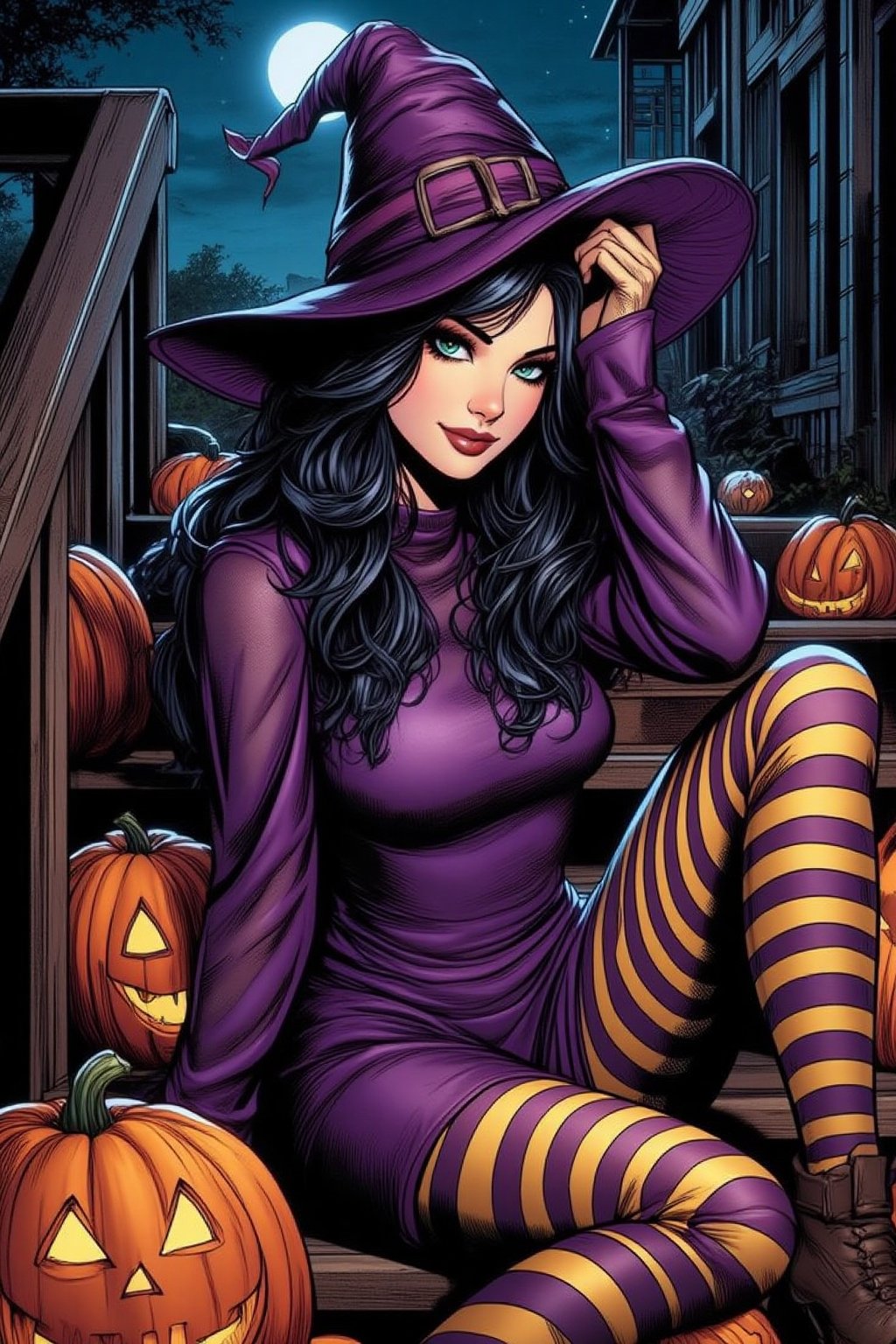 source_anime, closeup on a smiling woman in a tight purple Halloween dress and a witch hat sitting on the wooden stairs with jack-o-lanterns around it, cute tight dress, transparent long sleeves, shiny yellow and purple striped tights, jack-o'-lantern, Halloween theme, candy, sitting, pumpkin, moon, pantyhose, outdoors, night, Spooky, FLUX comics style