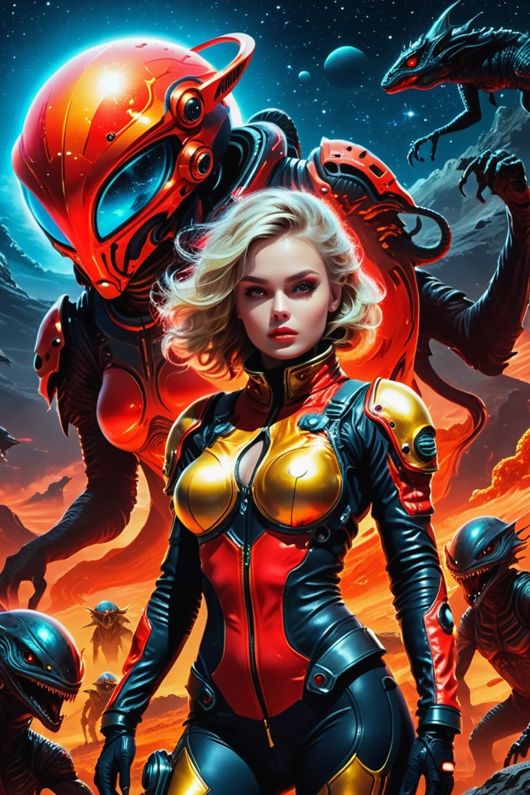 sexy astronaut girl on a planet surrounded by monstrous scared aliens. and the planet dresses skies and landscapes in neon...