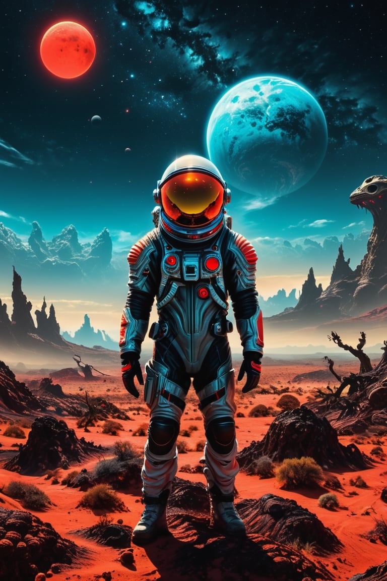 A lost but calm astronaut on a planet surrounded by monstrous scared aliens. and the planet dresses skies and landscapes i...