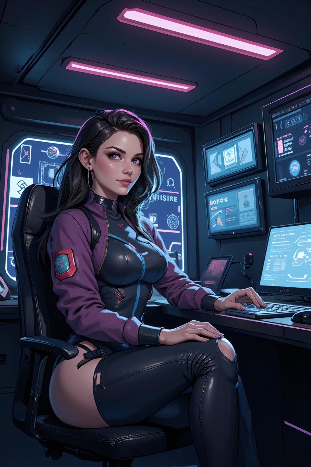 2.5D stylized painterly, illustration. Comic Outlines. Soft gradients sharp edges, bold outlines. Of a beautiful hacker woman operating a terminal with holographic diaplays. Netrunner. Realistic, highly-detailed, high-quality, In the style of Overwatch, Blizzard, LOL, Transistor, and Bastion concept game art.