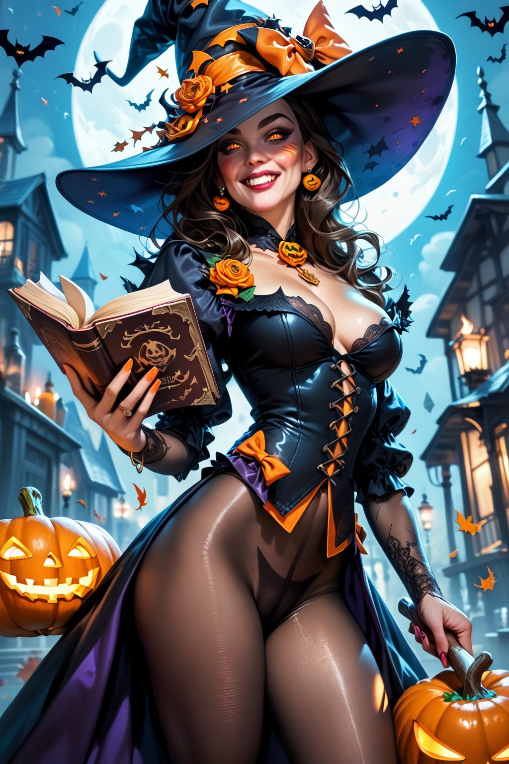 score_9, score_8_up, score_7_up, source masterpiece, very detailed facial features, incredibly detailed, rating_questionable, American comic book style digital illustration of a Halloween witch, vibrant colors with strong contrasts. Halloween-themed world, 1girl, extremely attractive woman, dressed in orange and black layered pantyhose and nylon, ((holding a black cat)), extremely detailed, more detail XL, calmstyle