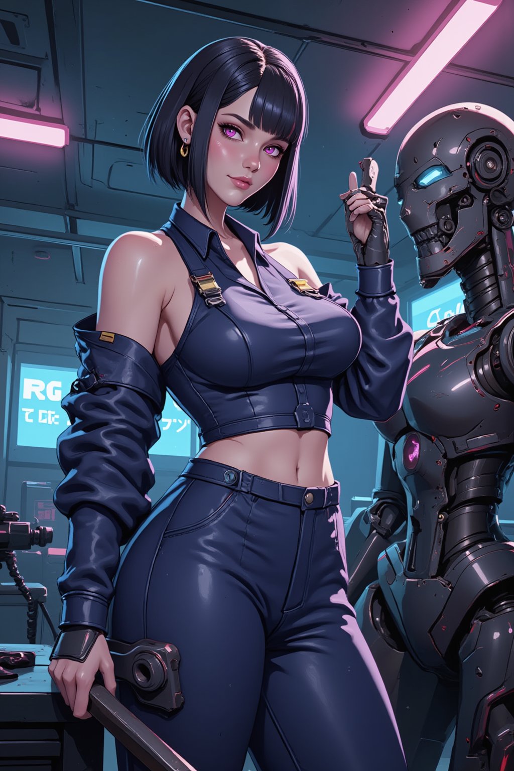 synth-wave and cyberpunk-themed, 2.5D stylized painterly, illustration. Soft gradients sharp edges, bold outlines. Of a beautiful woman mechanic repairing a robot with a big tool. wearing a baggy working suit, bob-haircut, black hair, pink eyes, body with perfect proportions, normal-sized head, Realistic, highly-detailed, high-quality, concept game art. snythbabe