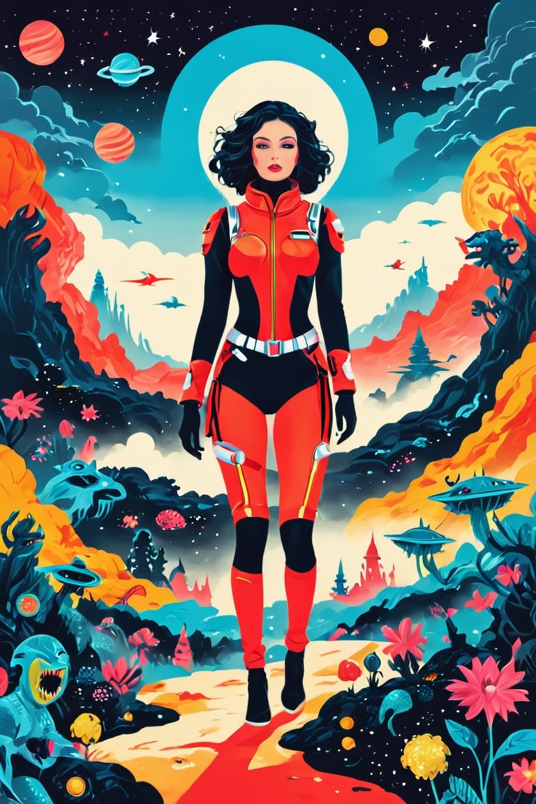 sexy astronaut girl on a planet surrounded by monstrous scared aliens. and the planet dresses skies and landscapes in neon...