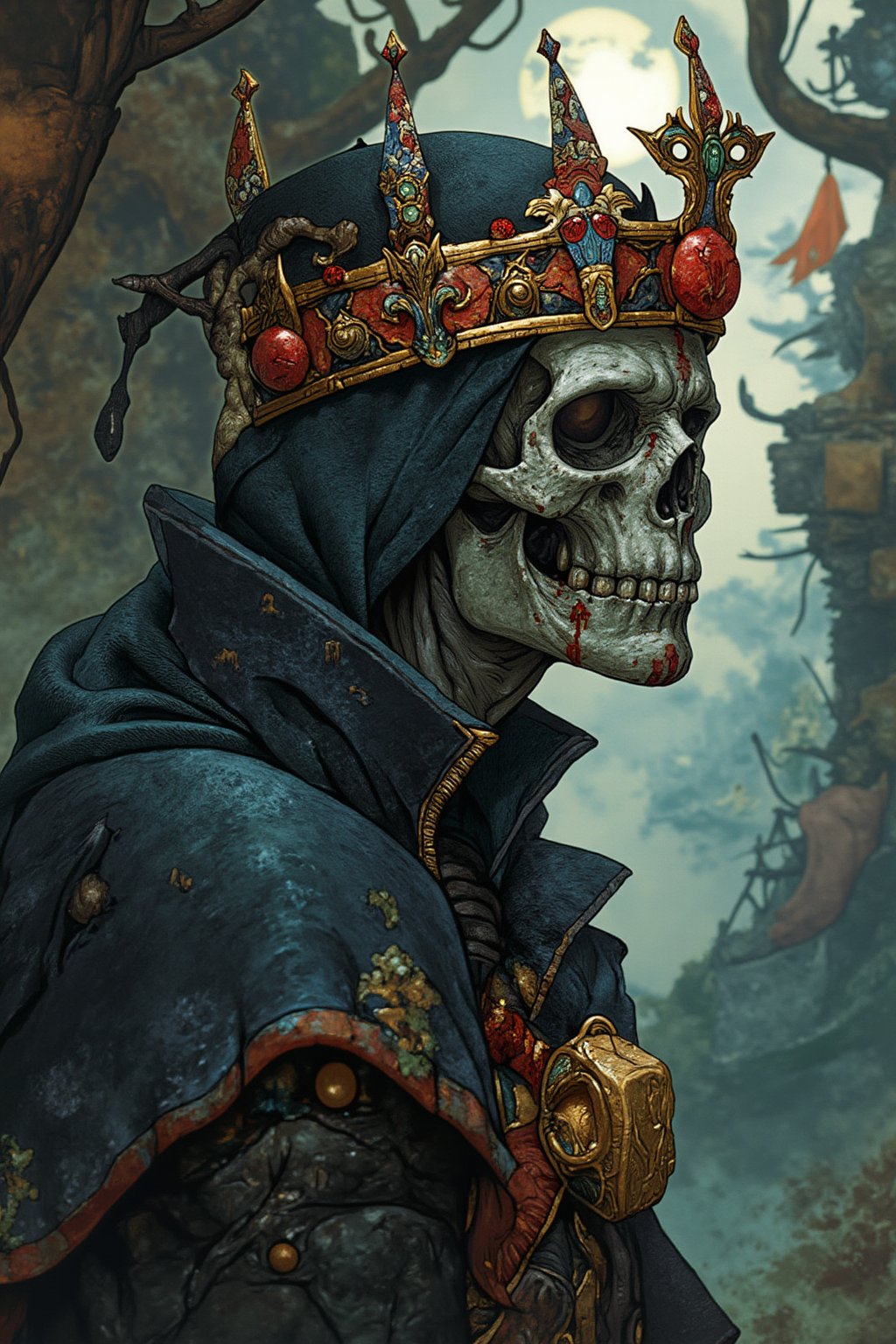 Masterpiece, Best Quality eden ring style, side angle, skull face, A king necromancer wearing a crown penacryl