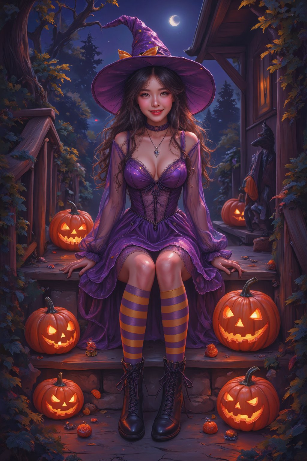 source_anime, closeup on a smiling woman in a tight purple Halloween dress and a witch hat sitting on the wooden stairs with jack-o-lanterns around it, cute tight dress, transparent long sleeves, shiny yellow and purple striped tights, jack-o'-lantern, Halloween theme, candy, sitting, pumpkin, moon, pantyhose, outdoors, night, Art Drawing, Spooky