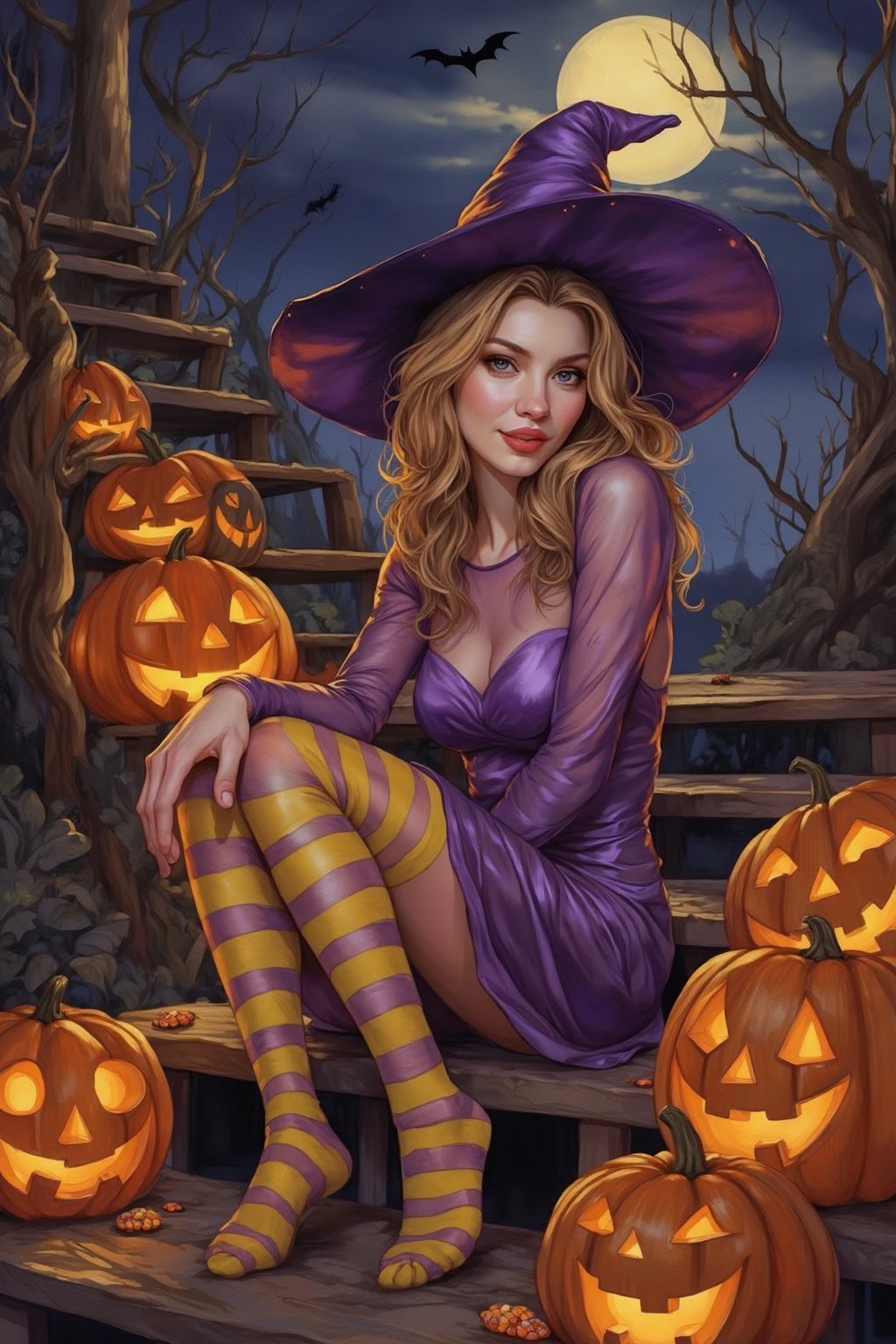 source_anime, closeup on a smiling woman in a tight purple Halloween dress and a witch hat sitting on the wooden stairs with jack-o-lanterns around it, cute tight dress, transparent long sleeves, shiny yellow and purple striped tights, jack-o'-lantern, Halloween theme, candy, sitting, pumpkin, moon, pantyhose, outdoors, night, Spooky, Wcol style