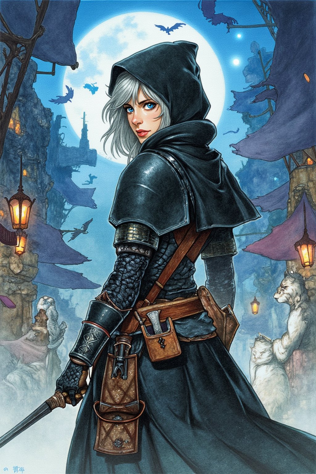 A masterpiece combining stunning detail, color-pencil, realistic, highly-detailed, and high-quality. penacryl  - (view from back pose), grey hair, 1girl, blue eyes, looking back at the viewer, solo focus, black leather armor, daggers, hooded, standing, two-tone hair, D&D fantasy night city setting, outdoors, correct hands,