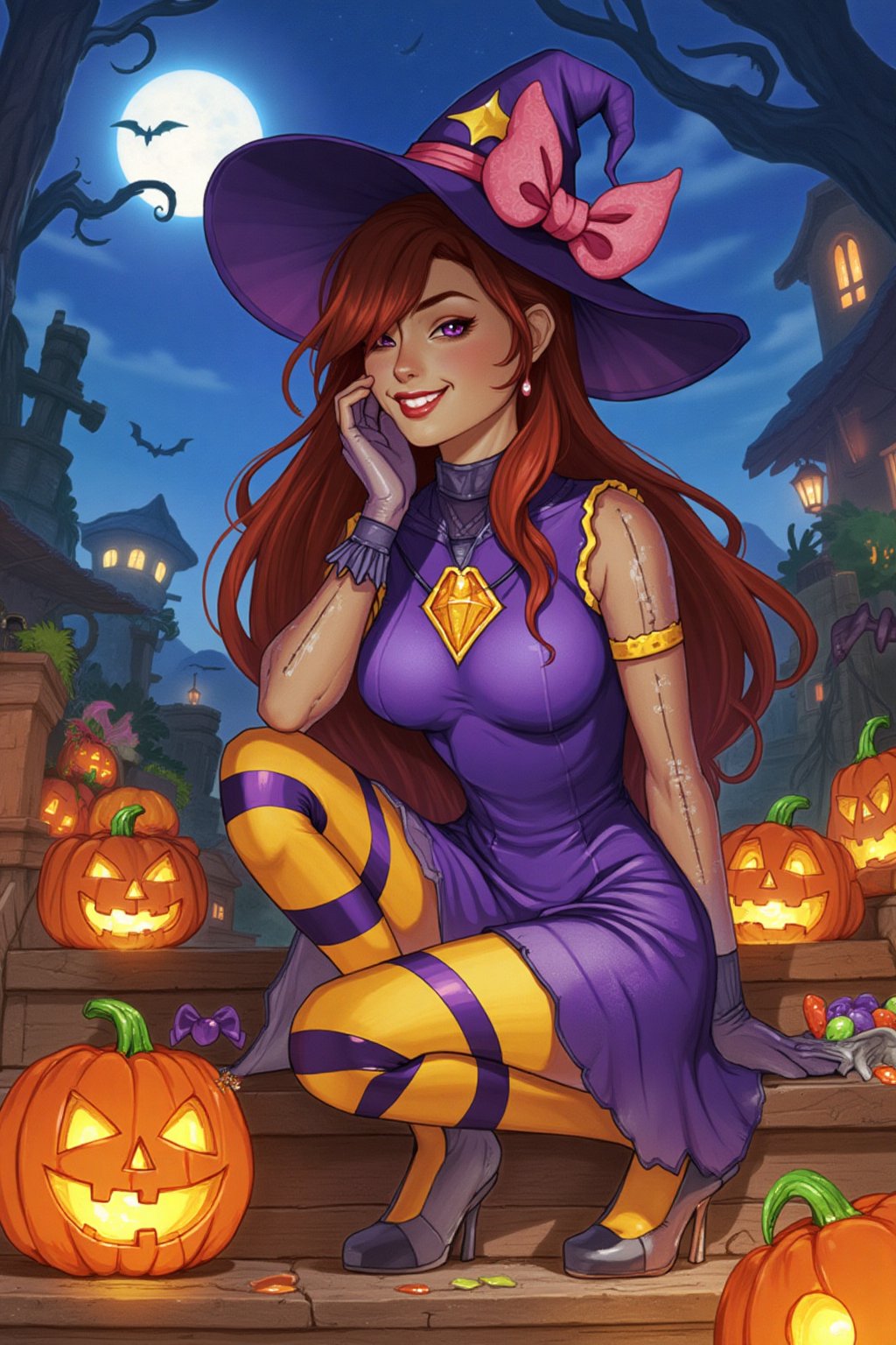 source_anime, closeup on a smiling woman in a tight purple Halloween dress and a witch hat sitting on the wooden stairs with jack-o-lanterns around it, cute tight dress, transparent long sleeves, shiny yellow and purple striped tights, jack-o'-lantern, Halloween theme, candy, sitting, pumpkin, moon, pantyhose, outdoors, night, penacryl