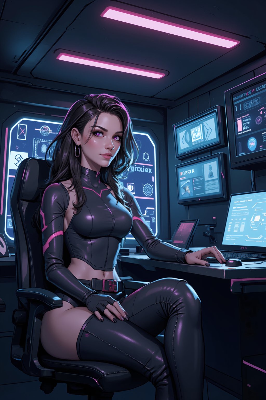 2.5D stylized painterly, illustration. Comic Outlines. Soft gradients sharp edges, bold outlines. Of a beautiful hacker woman operating a terminal with holographic diaplays. Netrunner. Realistic, highly-detailed, high-quality, In the style of Overwatch, Blizzard, LOL, Transistor, and Bastion concept game art. snythbabe